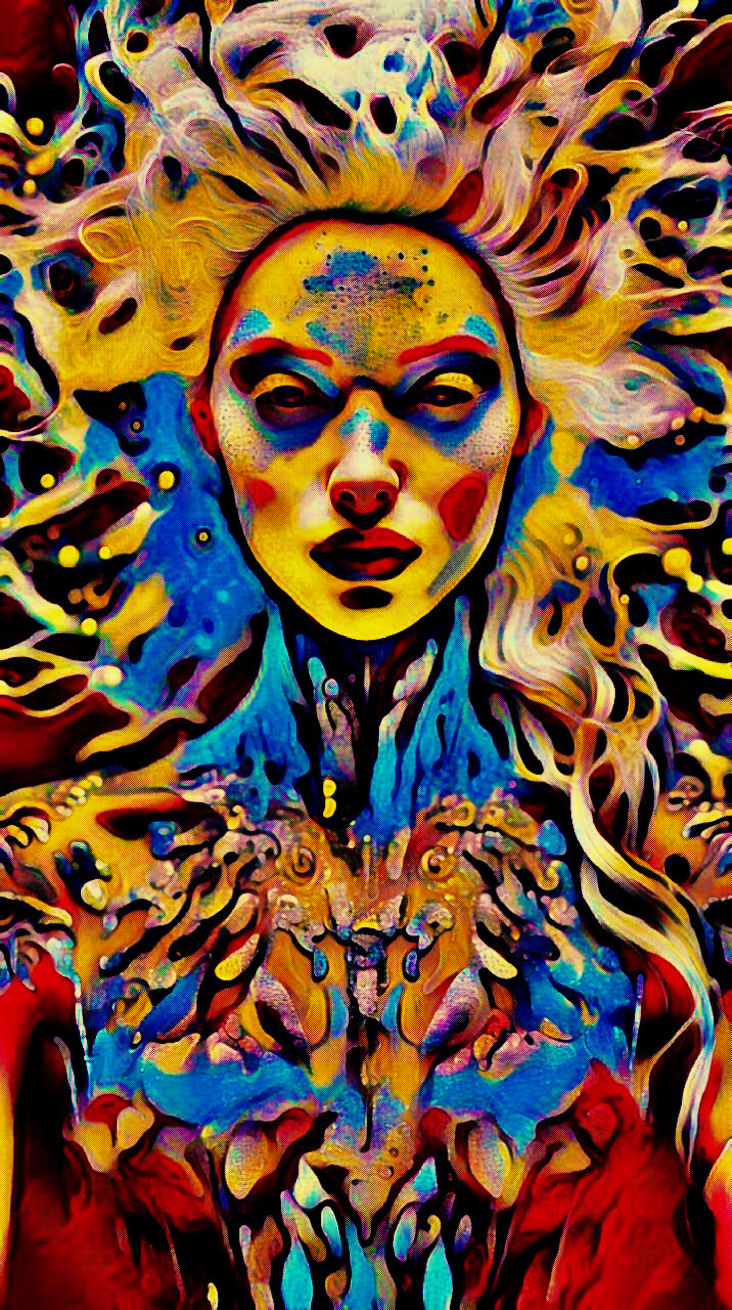 ETHEREAL - An Original Vibrant Red Blue Colorful Goddess Cosmic Psychedelic Portrait Style Fantasy Impressionistic Artwork Print by ElaniArt