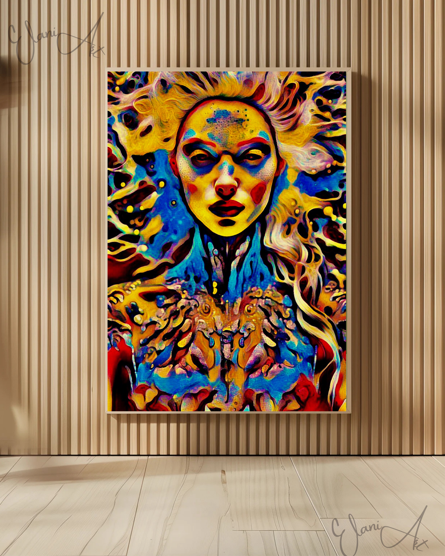 ETHEREAL - An Original Vibrant Red Blue Colorful Goddess Cosmic Psychedelic Portrait Style Fantasy Impressionistic Artwork Print by ElaniArt