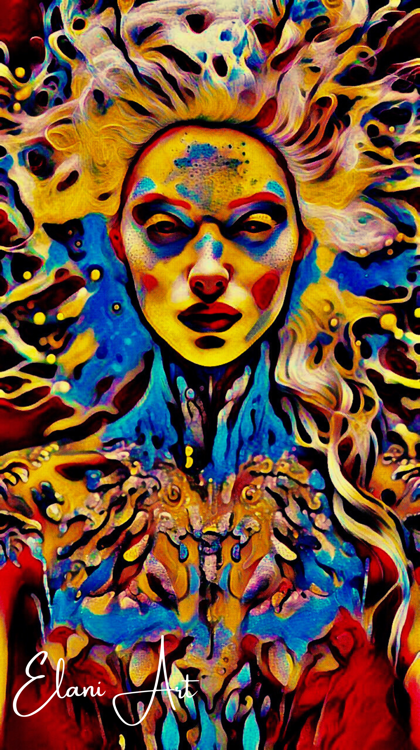 ETHEREAL - An Original Vibrant Red Blue Colorful Goddess Cosmic Psychedelic Portrait Style Fantasy Impressionistic Artwork Print by ElaniArt