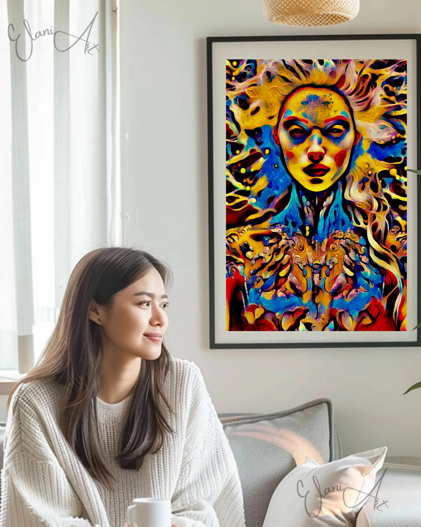 ETHEREAL - An Original Vibrant Red Blue Colorful Goddess Cosmic Psychedelic Portrait Style Fantasy Impressionistic Artwork Print by ElaniArt