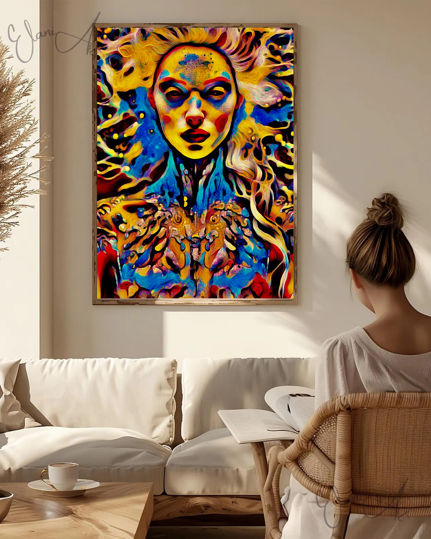 ETHEREAL - An Original Vibrant Red Blue Colorful Goddess Cosmic Psychedelic Portrait Style Fantasy Impressionistic Artwork Print by ElaniArt