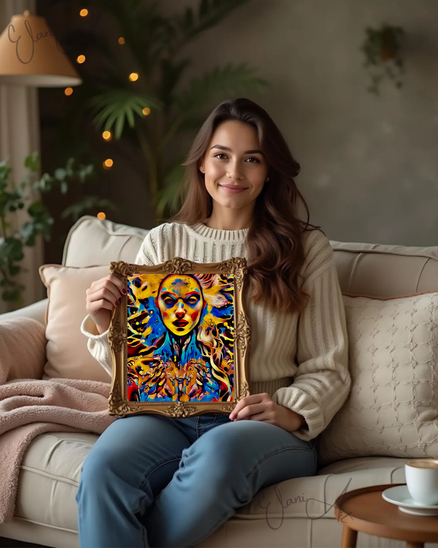 ETHEREAL - An Original Vibrant Red Blue Colorful Goddess Cosmic Psychedelic Portrait Style Fantasy Impressionistic Artwork Print by ElaniArt