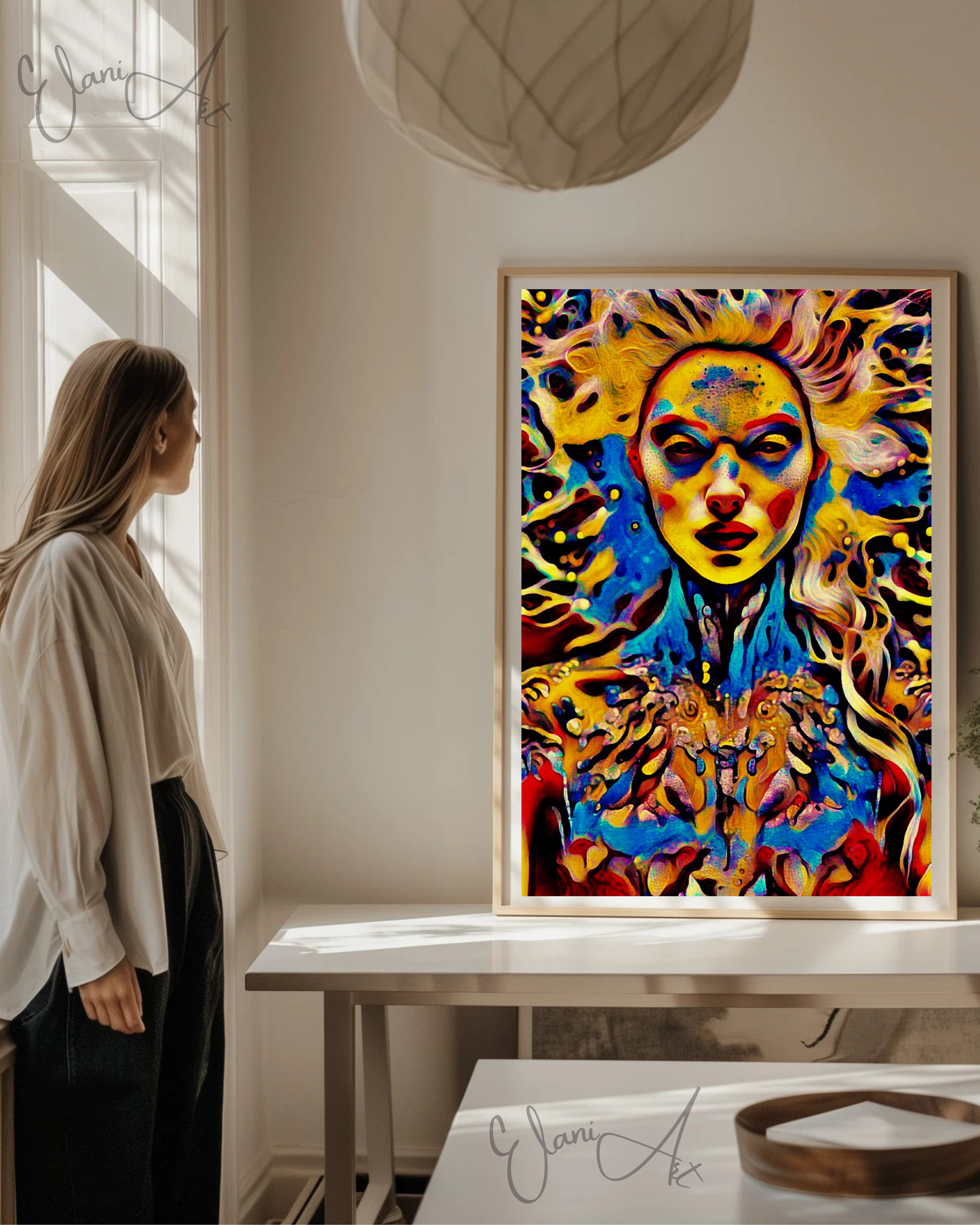 ETHEREAL - An Original Vibrant Red Blue Colorful Goddess Cosmic Psychedelic Portrait Style Fantasy Impressionistic Artwork Print by ElaniArt