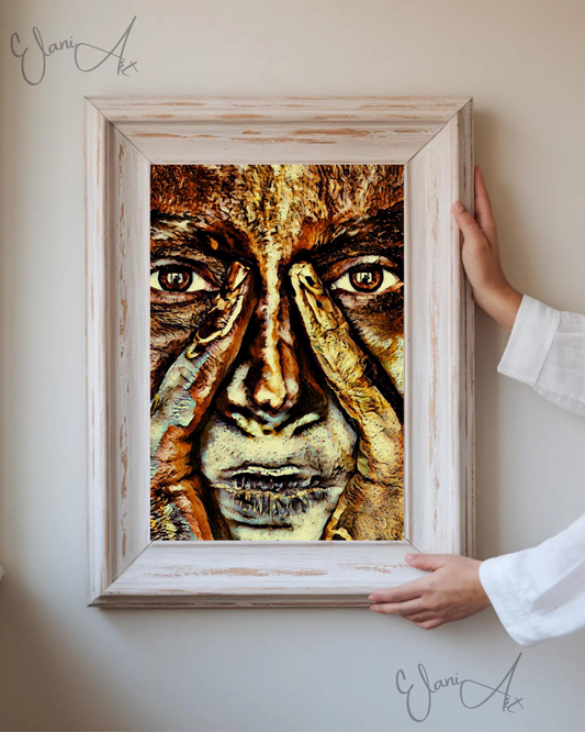 EYE 2 EYE - An Original Vivid Bronze Brown Woman's Brown Eyes Pinky Fingers on Nose Portrait Impressionistic Wall Artwork Print by ElaniArt
