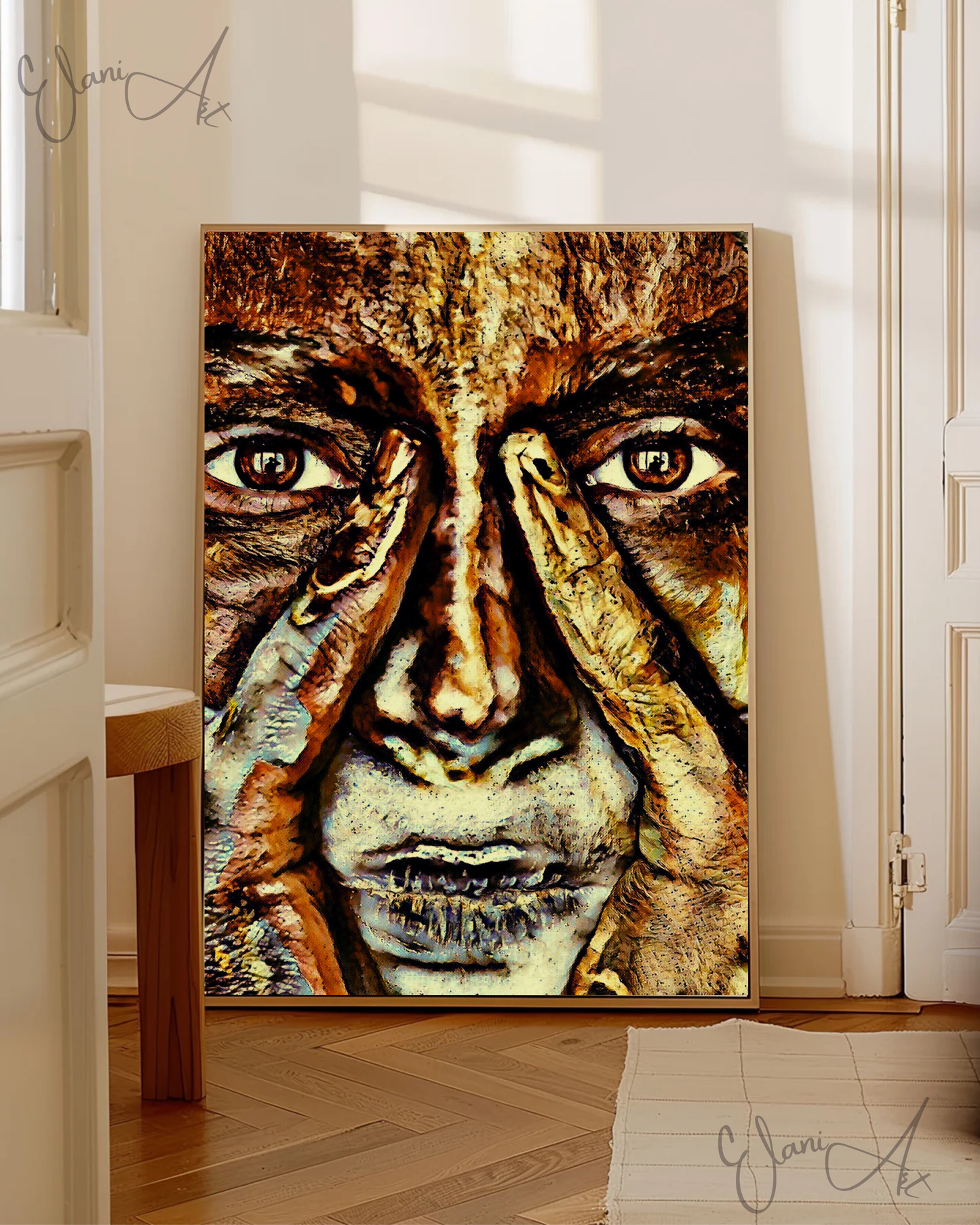 EYE 2 EYE - An Original Vivid Bronze Brown Woman's Brown Eyes Pinky Fingers on Nose Portrait Impressionistic Wall Artwork Print by ElaniArt
