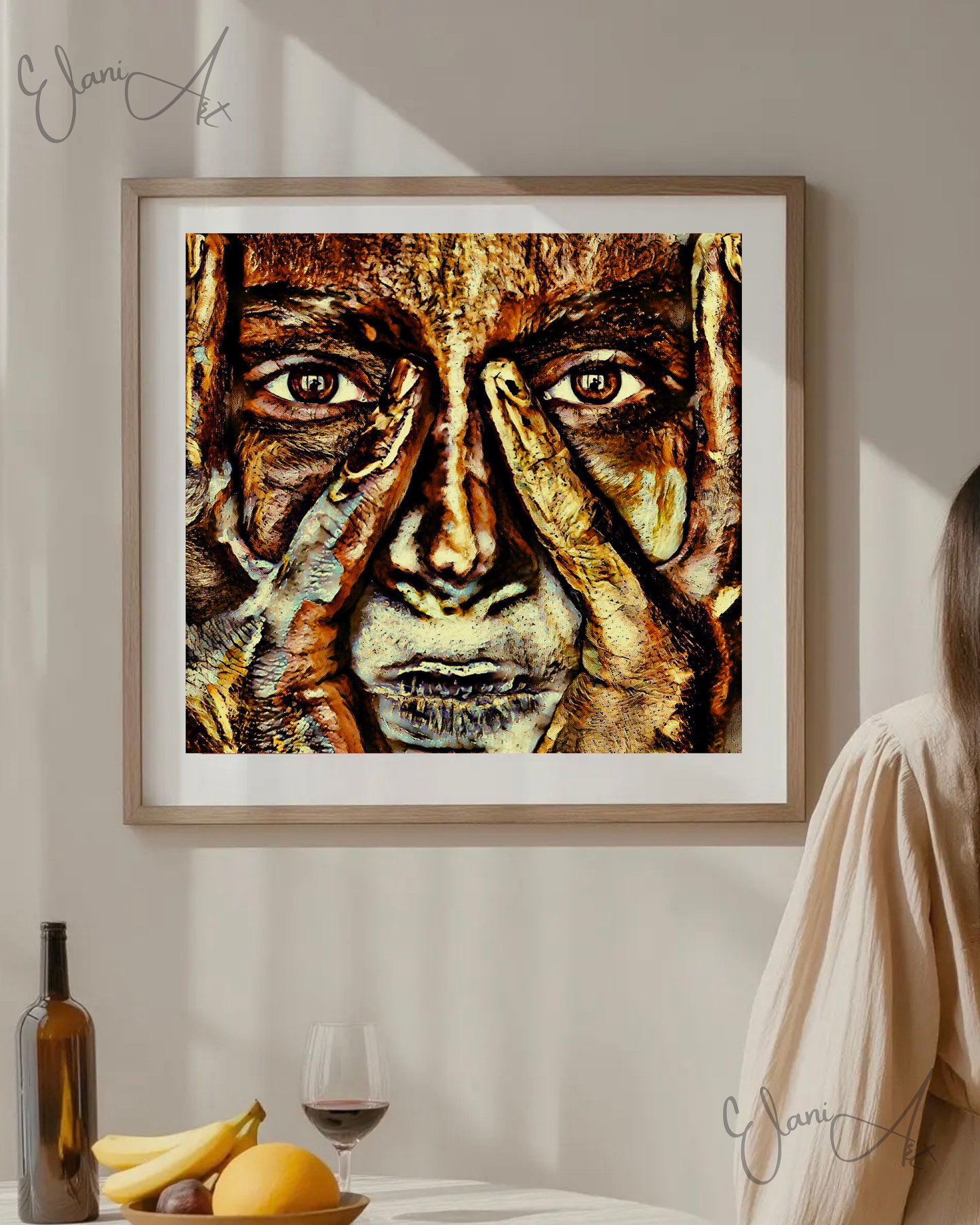 EYE 2 EYE - An Original Vivid Bronze Brown Woman's Brown Eyes Pinky Fingers on Nose Portrait Impressionistic Wall Artwork Print by ElaniArt