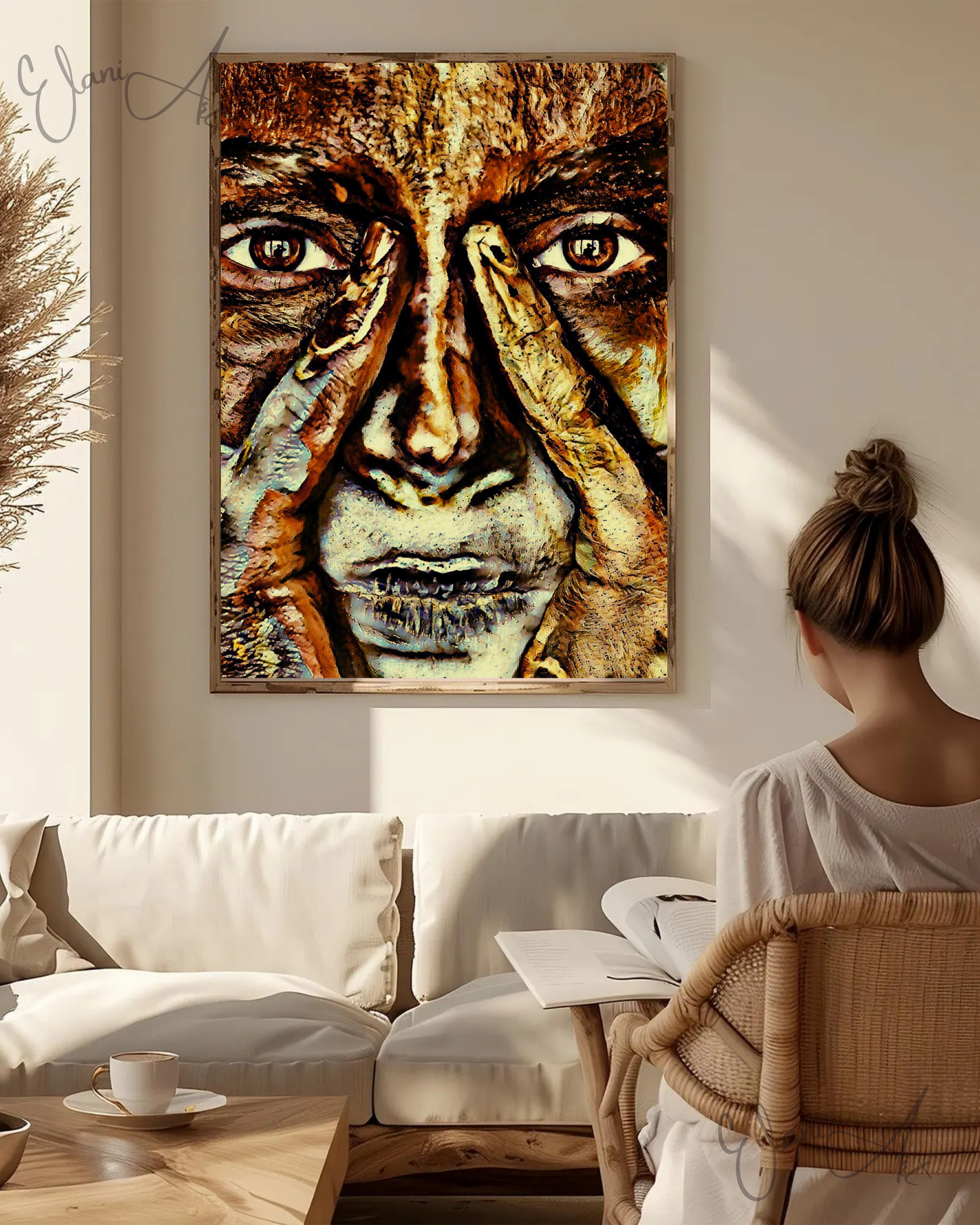 EYE 2 EYE - An Original Vivid Bronze Brown Woman's Brown Eyes Pinky Fingers on Nose Portrait Impressionistic Wall Artwork Print by ElaniArt