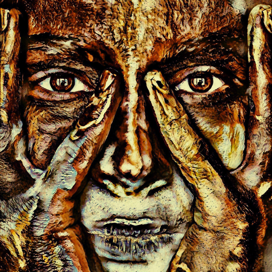 EYE 2 EYE - An Original Vivid Bronze Brown Woman's Brown Eyes Pinky Fingers on Nose Portrait Impressionistic Wall Artwork Print by ElaniArt