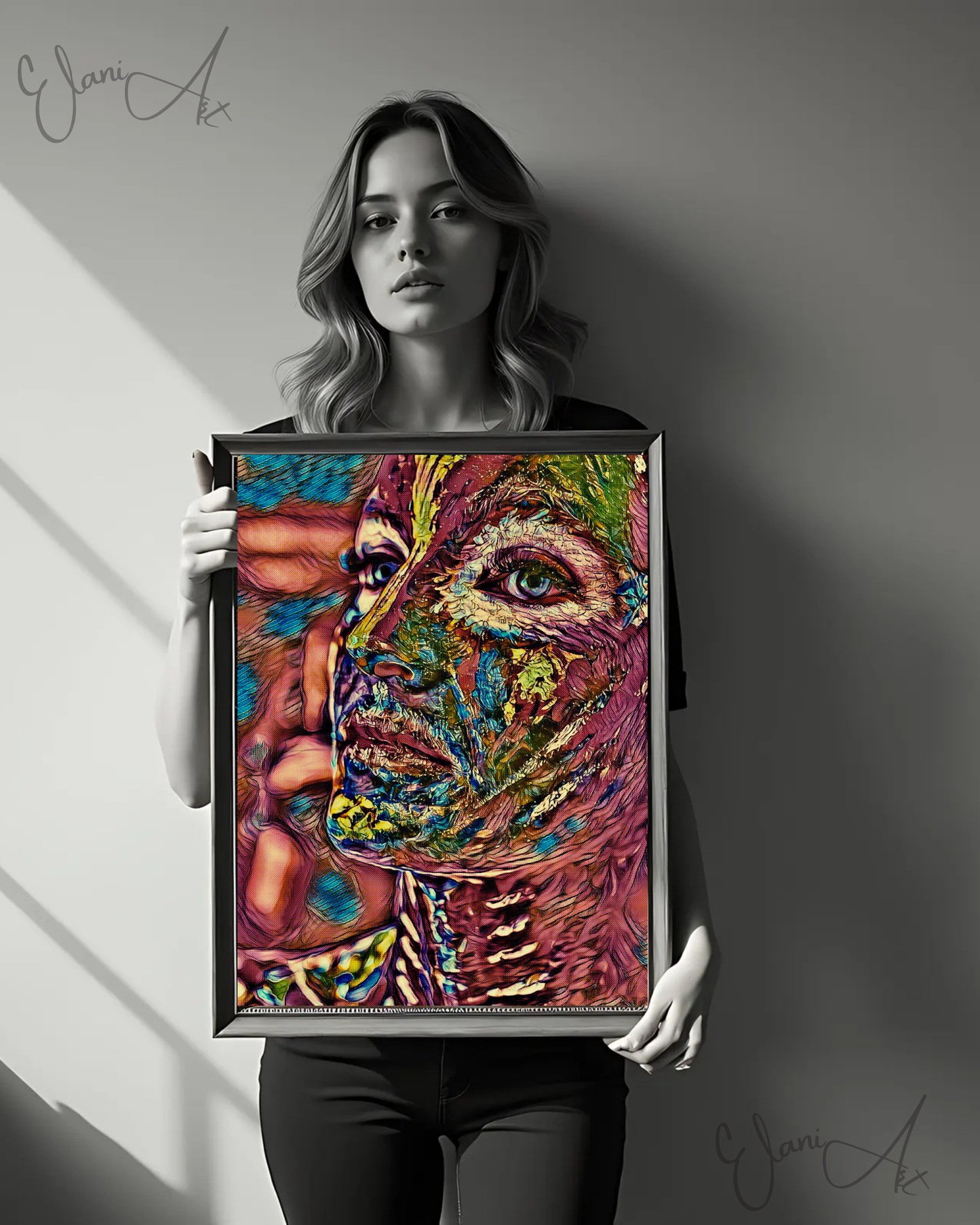 FEATHERED FRIEND - An Original Vibrant Pink Colorful Woman Feathered Face Portrait Blue Eyes Impressionistic Wall Artwork Print by ElaniArt