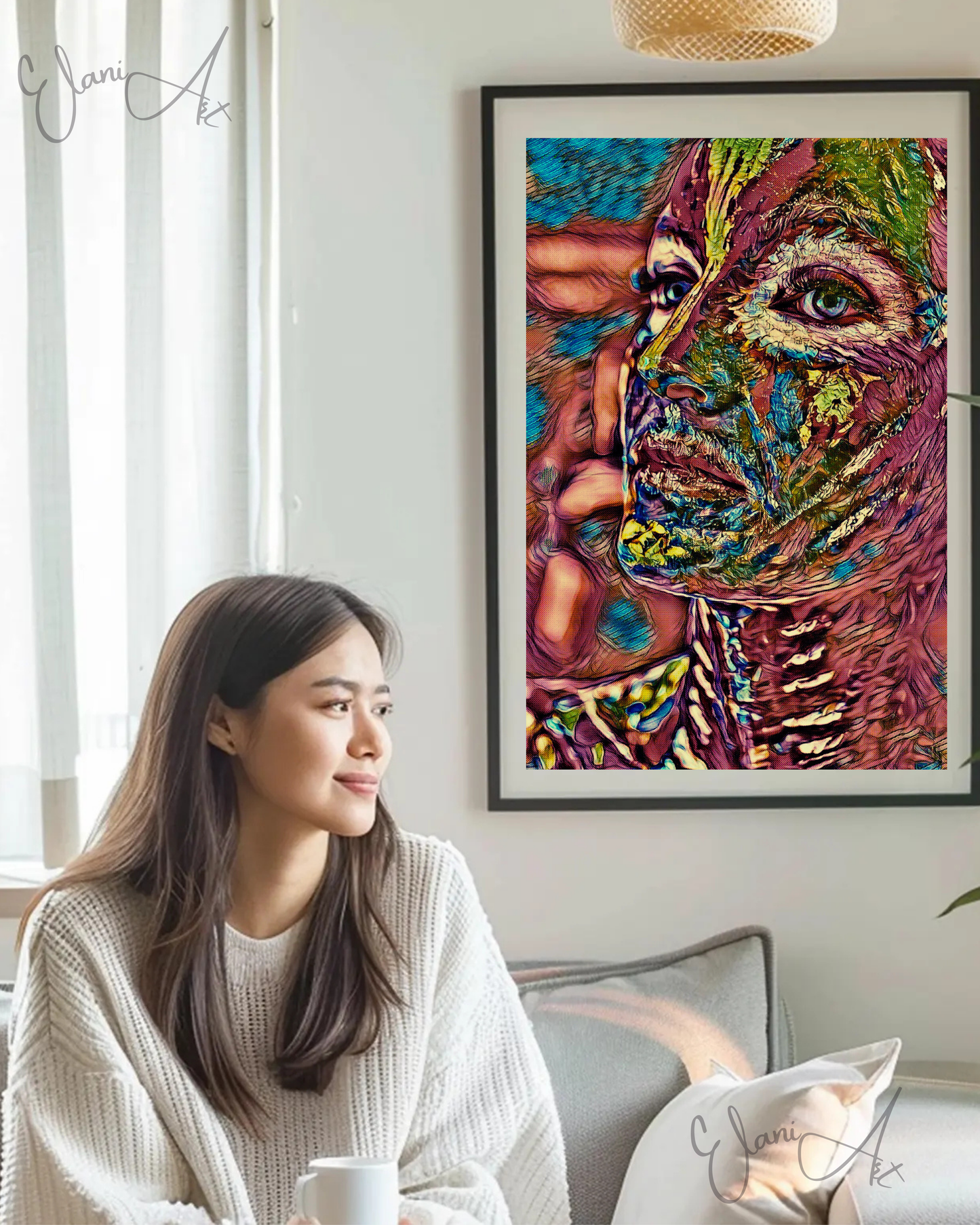 FEATHERED FRIEND - An Original Vibrant Pink Colorful Woman Feathered Face Portrait Blue Eyes Impressionistic Wall Artwork Print by ElaniArt