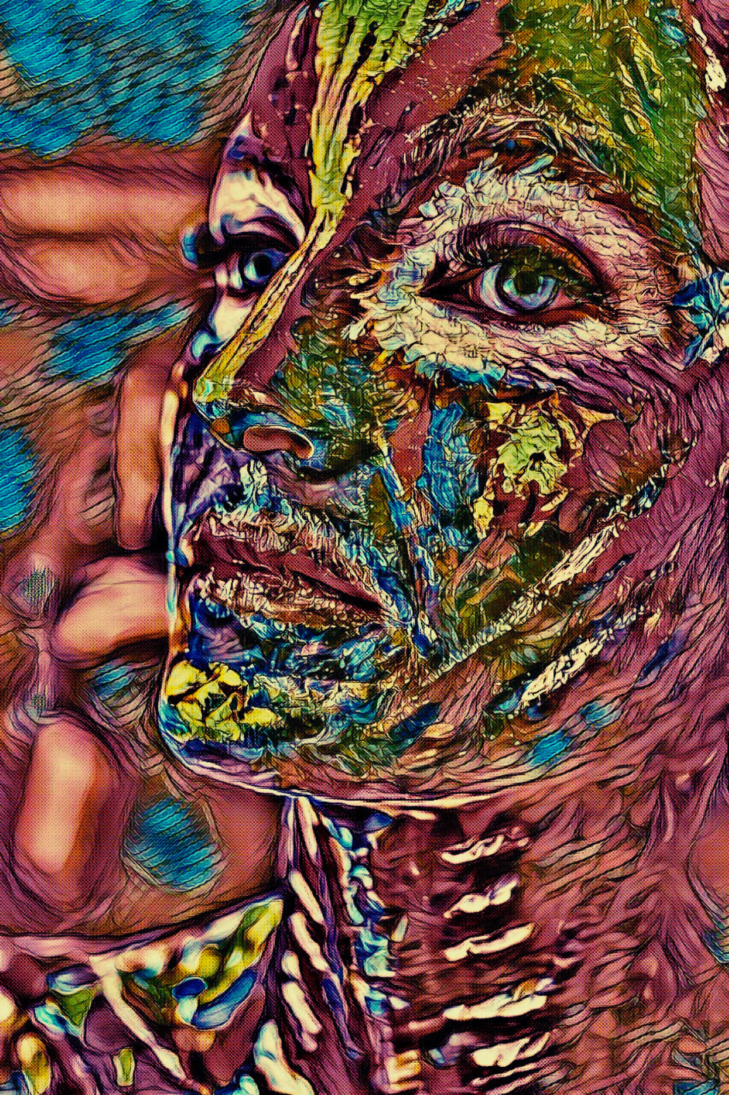 FEATHERED FRIEND - An Original Vibrant Pink Colorful Woman Feathered Face Portrait Blue Eyes Impressionistic Wall Artwork Print by ElaniArt