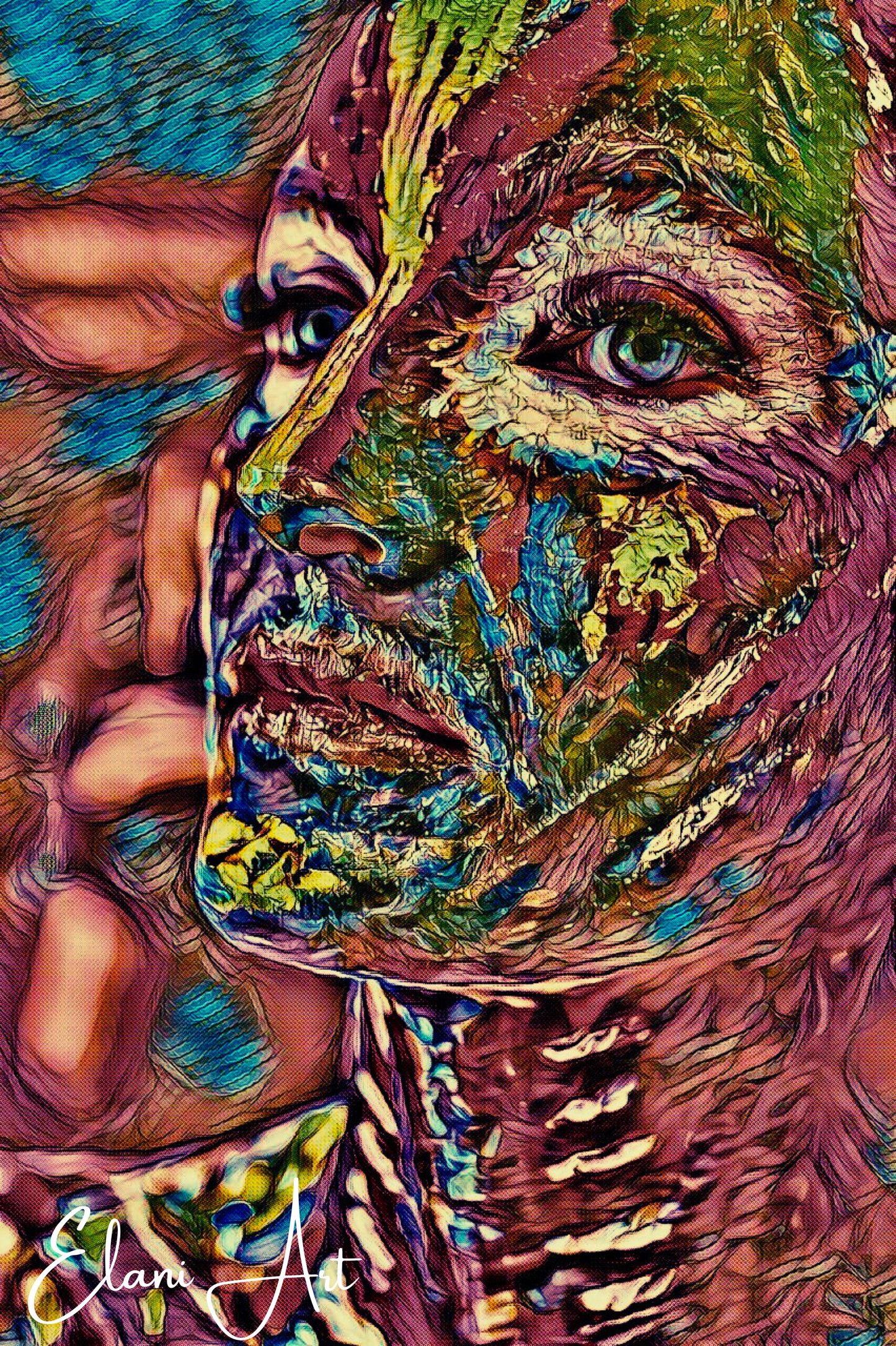 FEATHERED FRIEND - An Original Vibrant Pink Colorful Woman Feathered Face Portrait Blue Eyes Impressionistic Wall Artwork Print by ElaniArt