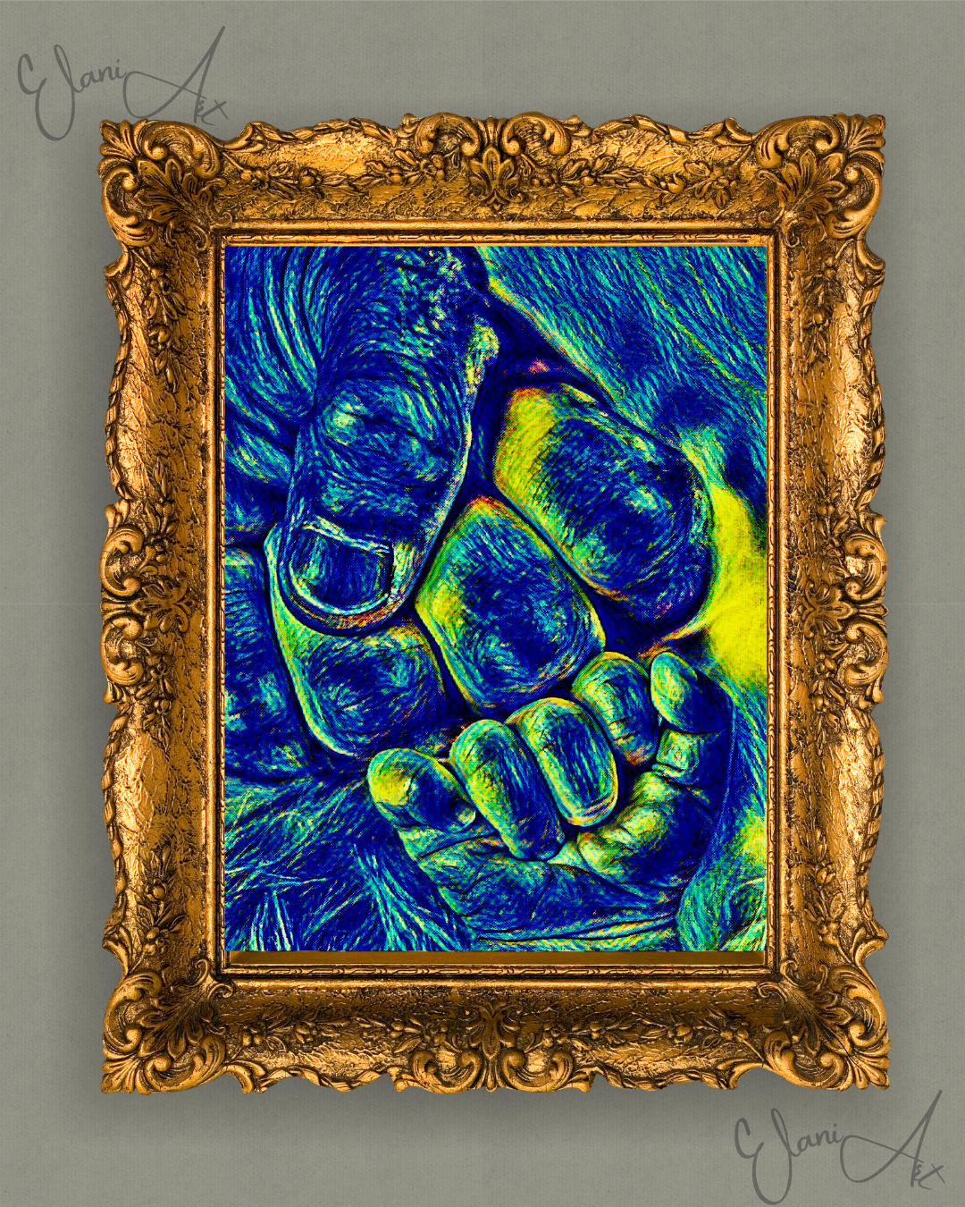 FIST BUMP - An Original Vibrant Blue Colorful Father Daddy's Hand Baby Son's Hand Fist Bump Impressionistic Wall Artwork Print by ElaniArt