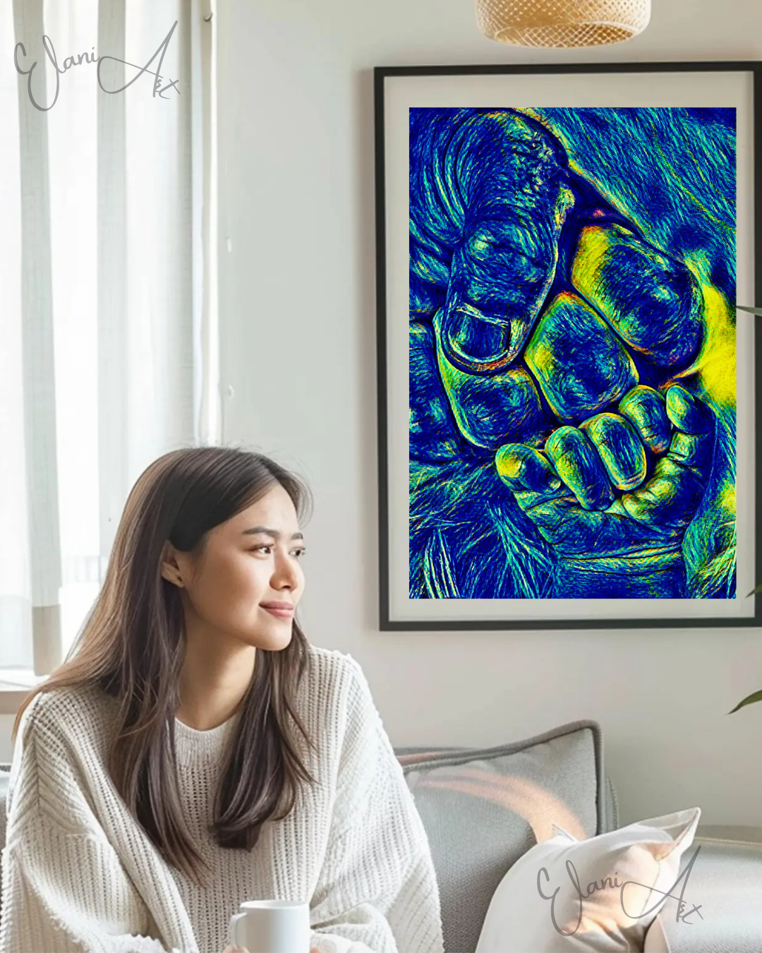 FIST BUMP - An Original Vibrant Blue Colorful Father Daddy's Hand Baby Son's Hand Fist Bump Impressionistic Wall Artwork Print by ElaniArt