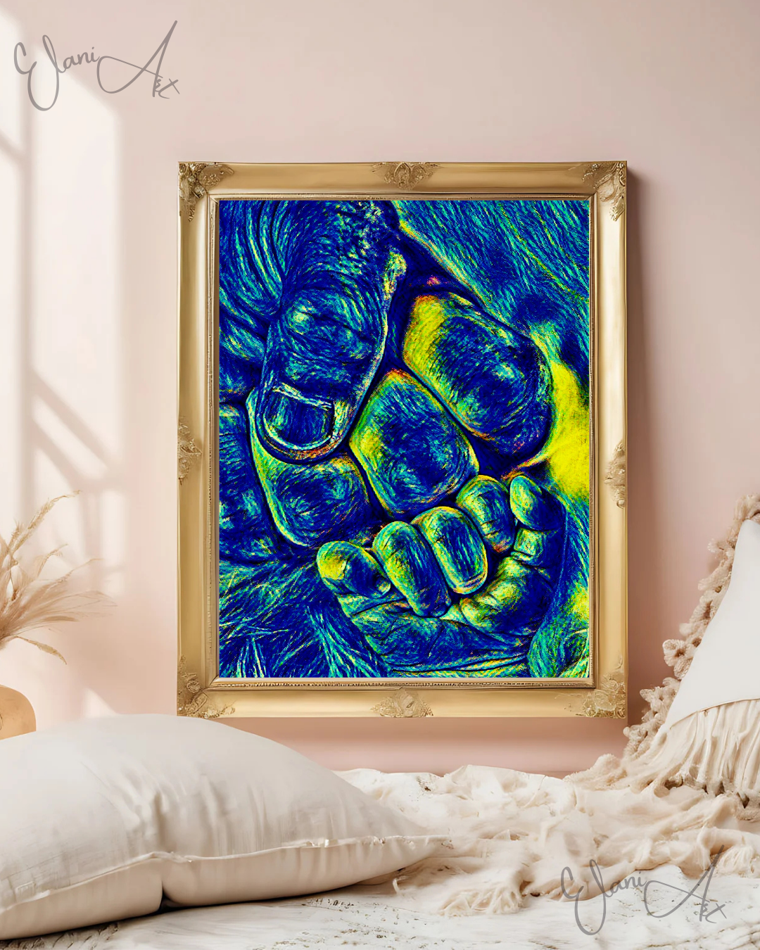 FIST BUMP - An Original Vibrant Blue Colorful Father Daddy's Hand Baby Son's Hand Fist Bump Impressionistic Wall Artwork Print by ElaniArt