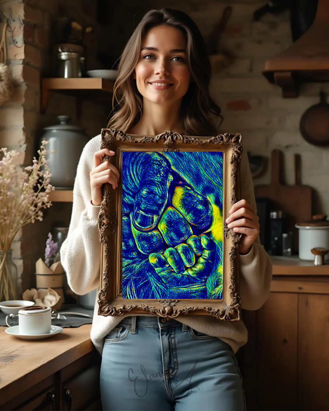 FIST BUMP - An Original Vibrant Blue Colorful Father Daddy's Hand Baby Son's Hand Fist Bump Impressionistic Wall Artwork Print by ElaniArt