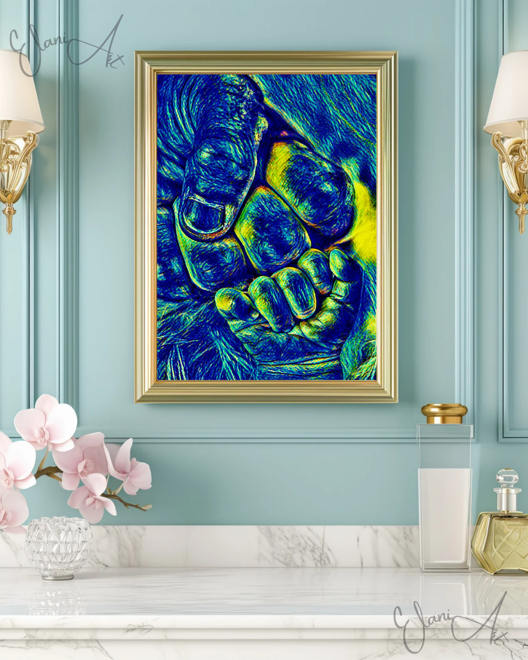 FIST BUMP - An Original Vibrant Blue Colorful Father Daddy's Hand Baby Son's Hand Fist Bump Impressionistic Wall Artwork Print by ElaniArt
