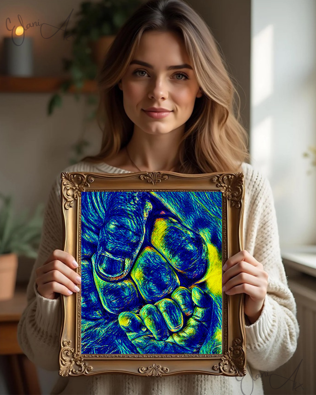 FIST BUMP - An Original Vibrant Blue Colorful Father Daddy's Hand Baby Son's Hand Fist Bump Impressionistic Wall Artwork Print by ElaniArt