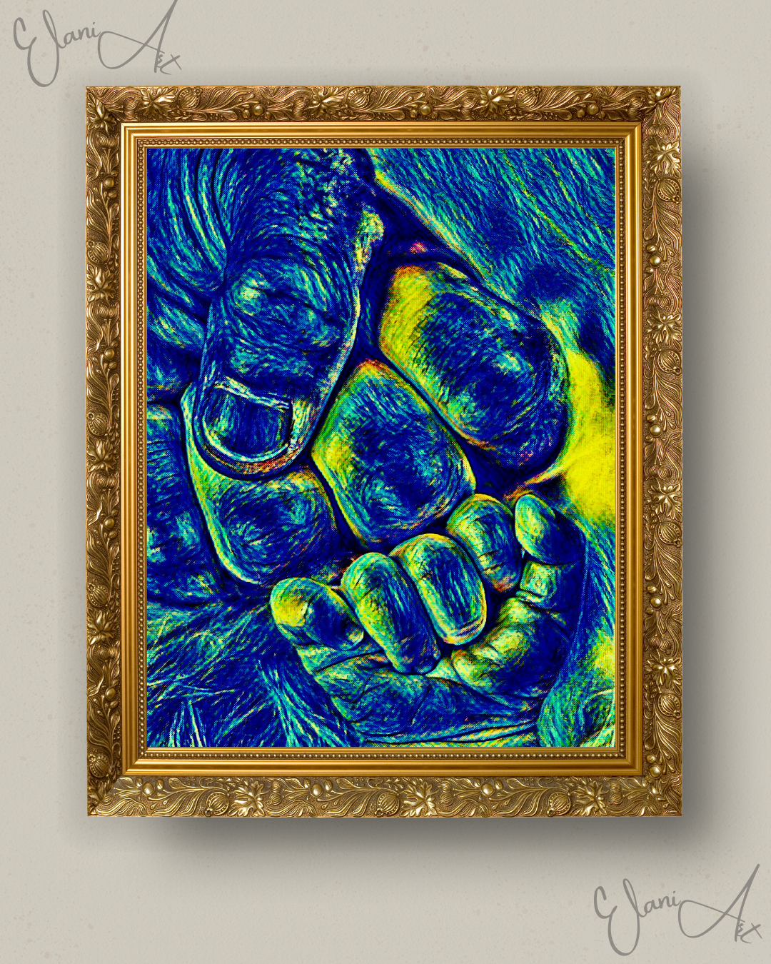 FIST BUMP - An Original Vibrant Blue Colorful Father Daddy's Hand Baby Son's Hand Fist Bump Impressionistic Wall Artwork Print by ElaniArt