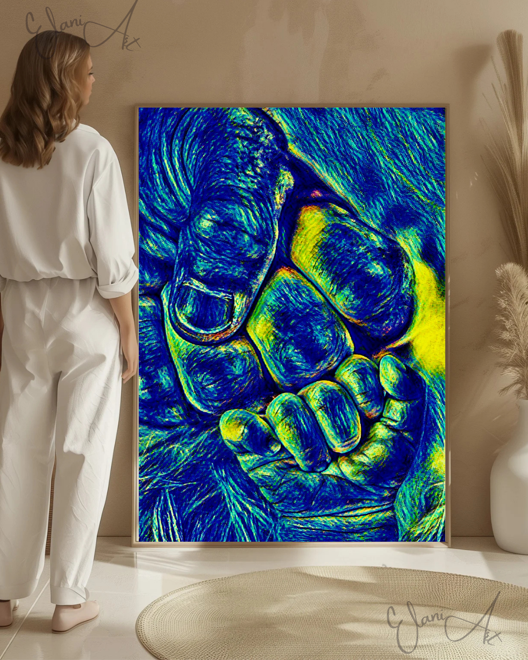 FIST BUMP - An Original Vibrant Blue Colorful Father Daddy's Hand Baby Son's Hand Fist Bump Impressionistic Wall Artwork Print by ElaniArt