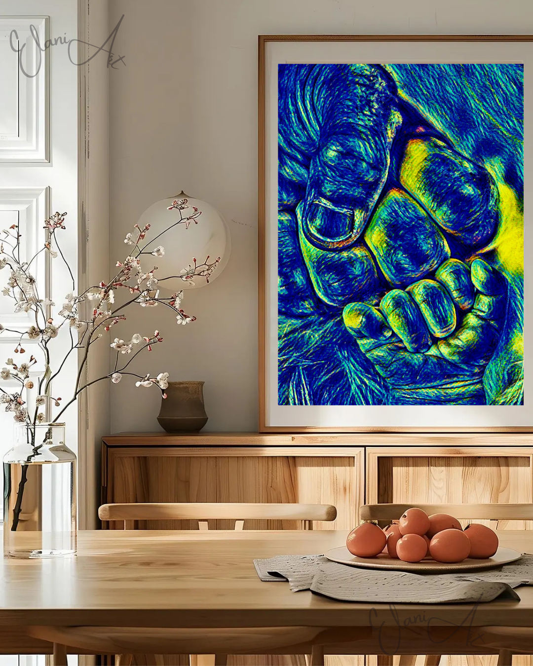FIST BUMP - An Original Vibrant Blue Colorful Father Daddy's Hand Baby Son's Hand Fist Bump Impressionistic Wall Artwork Print by ElaniArt