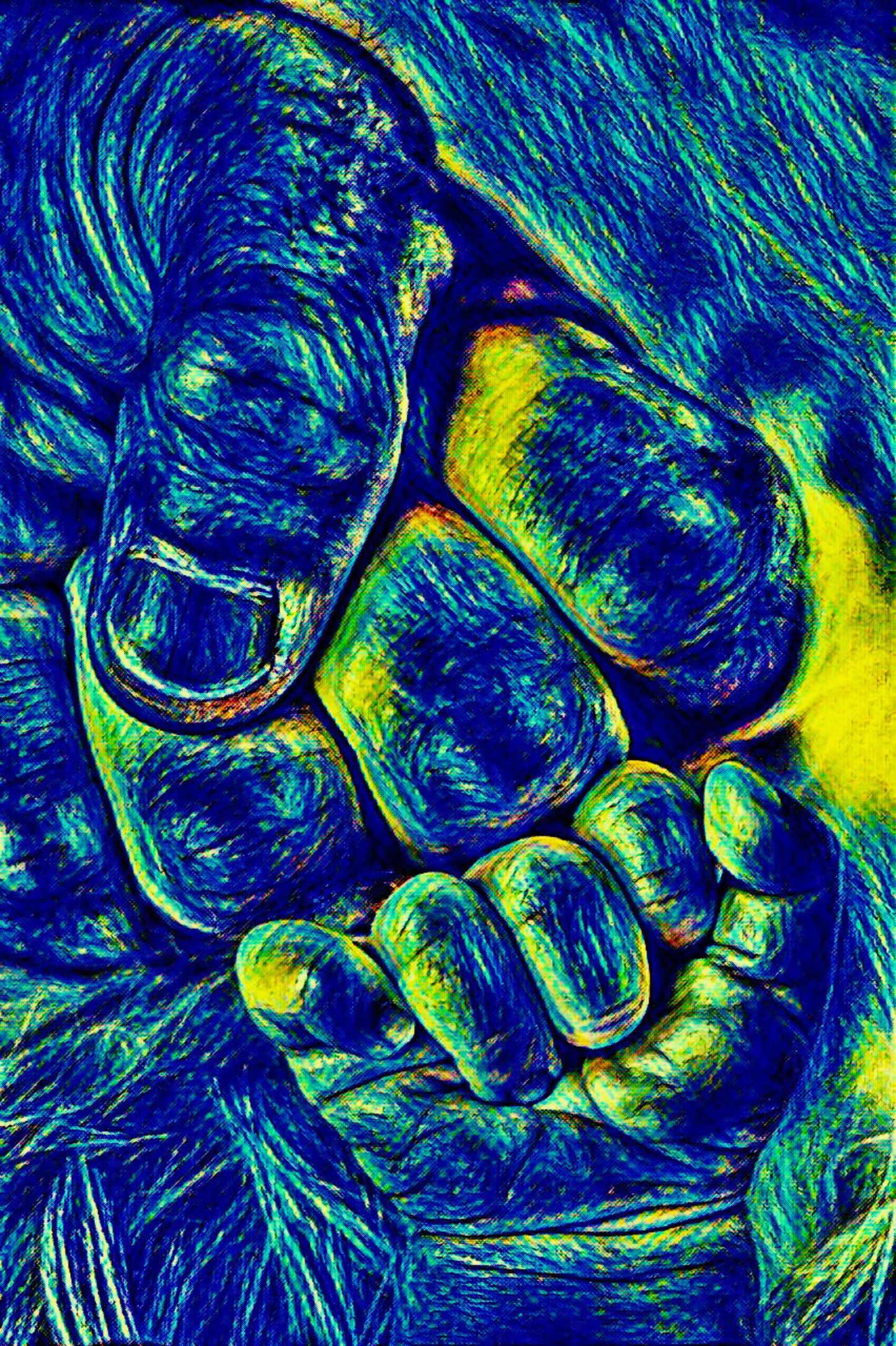 FIST BUMP - An Original Vibrant Blue Colorful Father Daddy's Hand Baby Son's Hand Fist Bump Impressionistic Wall Artwork Print by ElaniArt
