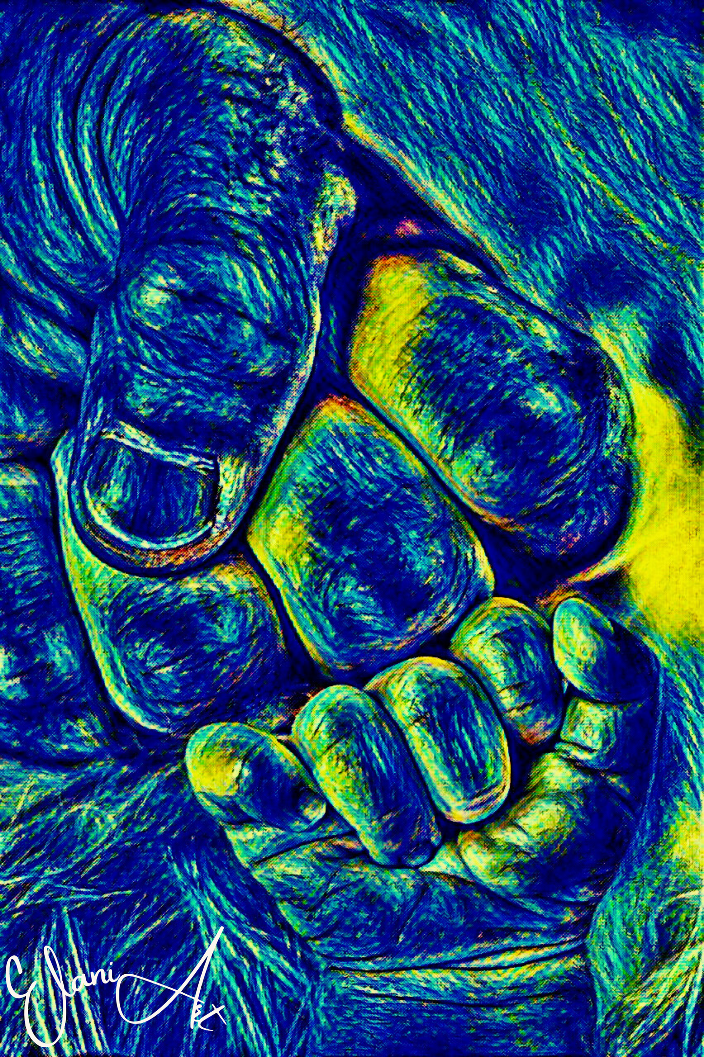 FIST BUMP - An Original Vibrant Blue Colorful Father Daddy's Hand Baby Son's Hand Fist Bump Impressionistic Wall Artwork Print by ElaniArt