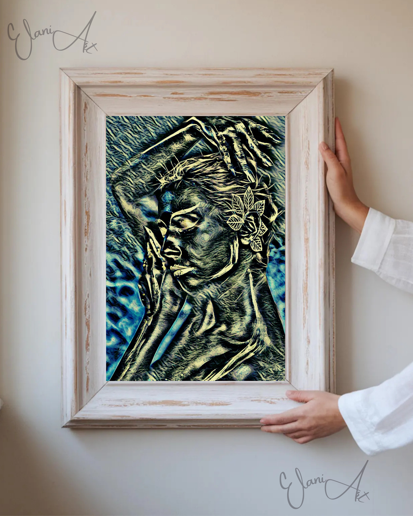 FLORAL DREAMS - An Original Vibrant Silver Yellow Blue Sleeping Woman Flower in Hair Face Portrait Impressionistic Artwork Print by ElaniArt