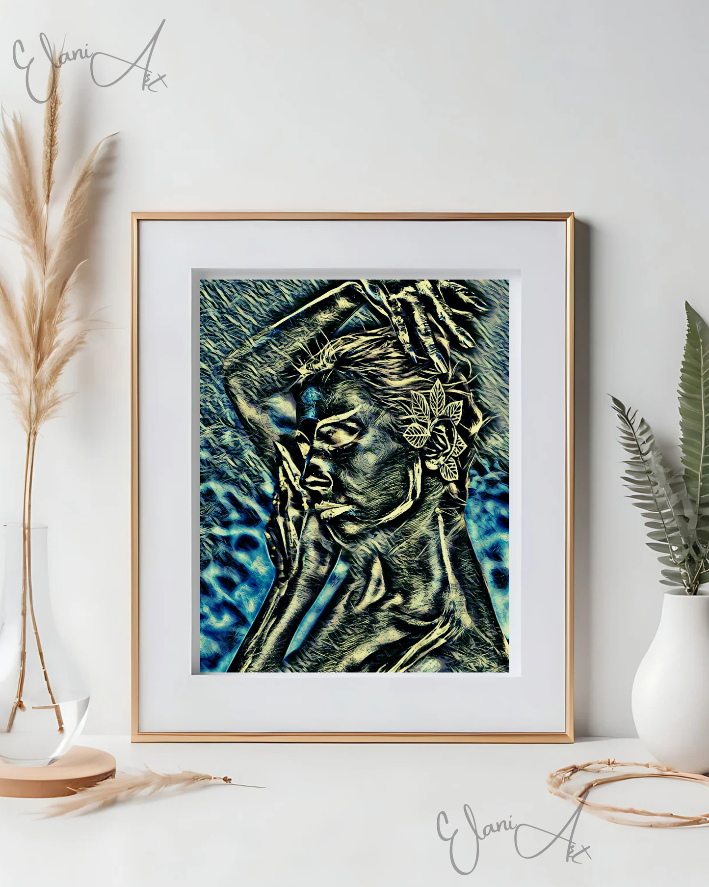 FLORAL DREAMS - An Original Vibrant Silver Yellow Blue Sleeping Woman Flower in Hair Face Portrait Impressionistic Artwork Print by ElaniArt