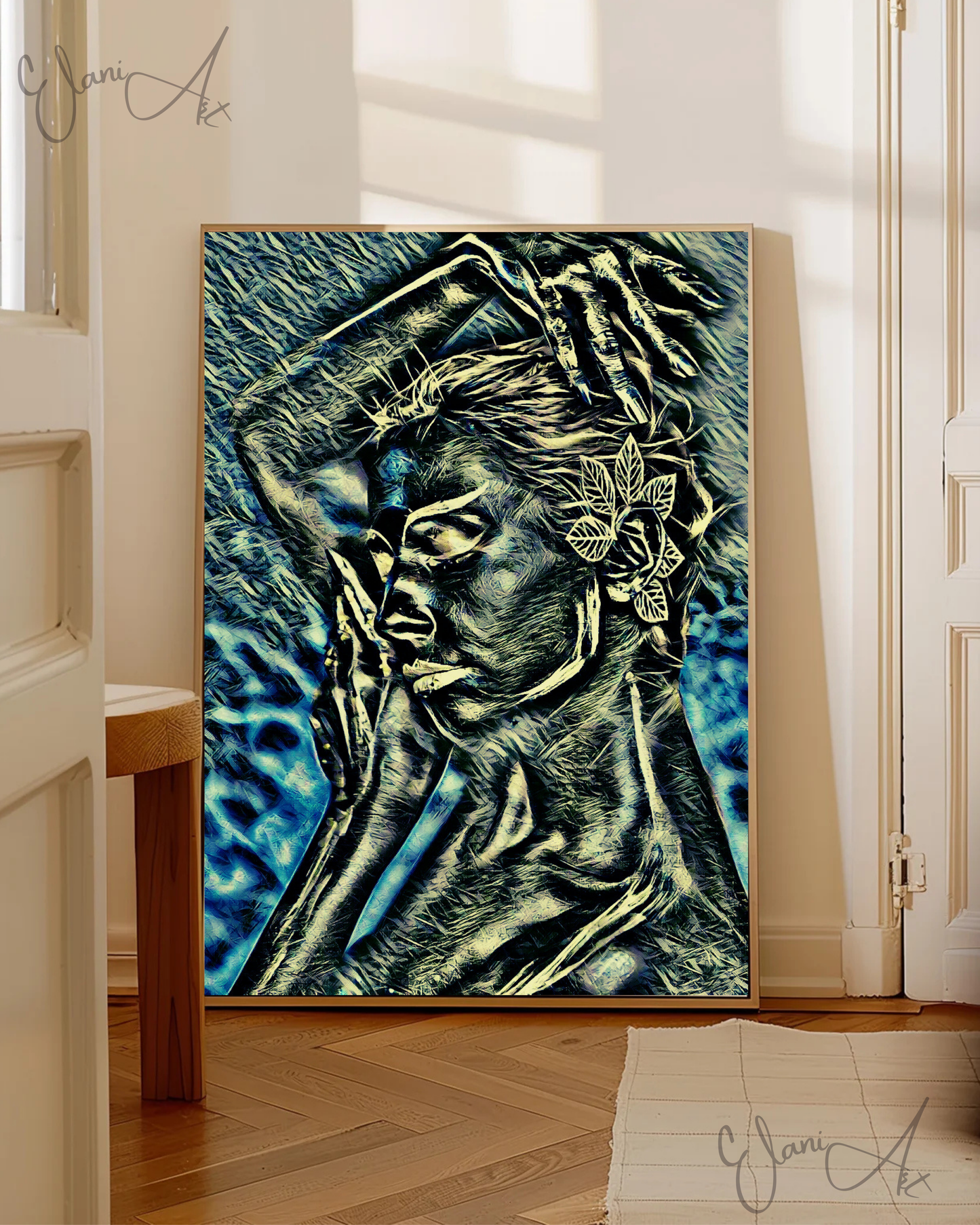 FLORAL DREAMS - An Original Vibrant Silver Yellow Blue Sleeping Woman Flower in Hair Face Portrait Impressionistic Artwork Print by ElaniArt