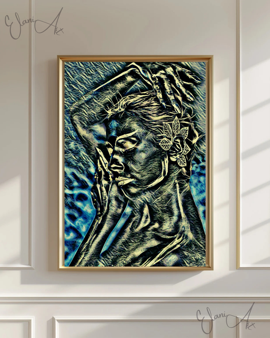 FLORAL DREAMS - An Original Vibrant Silver Yellow Blue Sleeping Woman Flower in Hair Face Portrait Impressionistic Artwork Print by ElaniArt