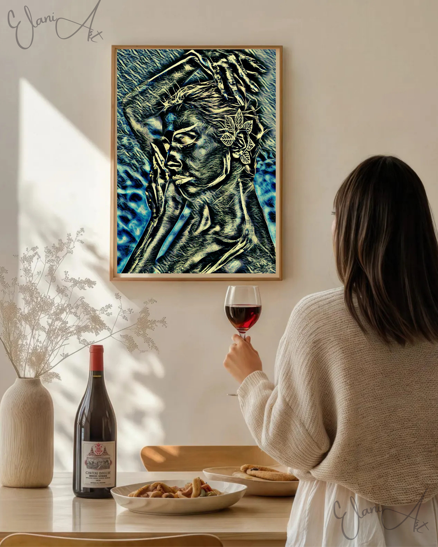 FLORAL DREAMS - An Original Vibrant Silver Yellow Blue Sleeping Woman Flower in Hair Face Portrait Impressionistic Artwork Print by ElaniArt