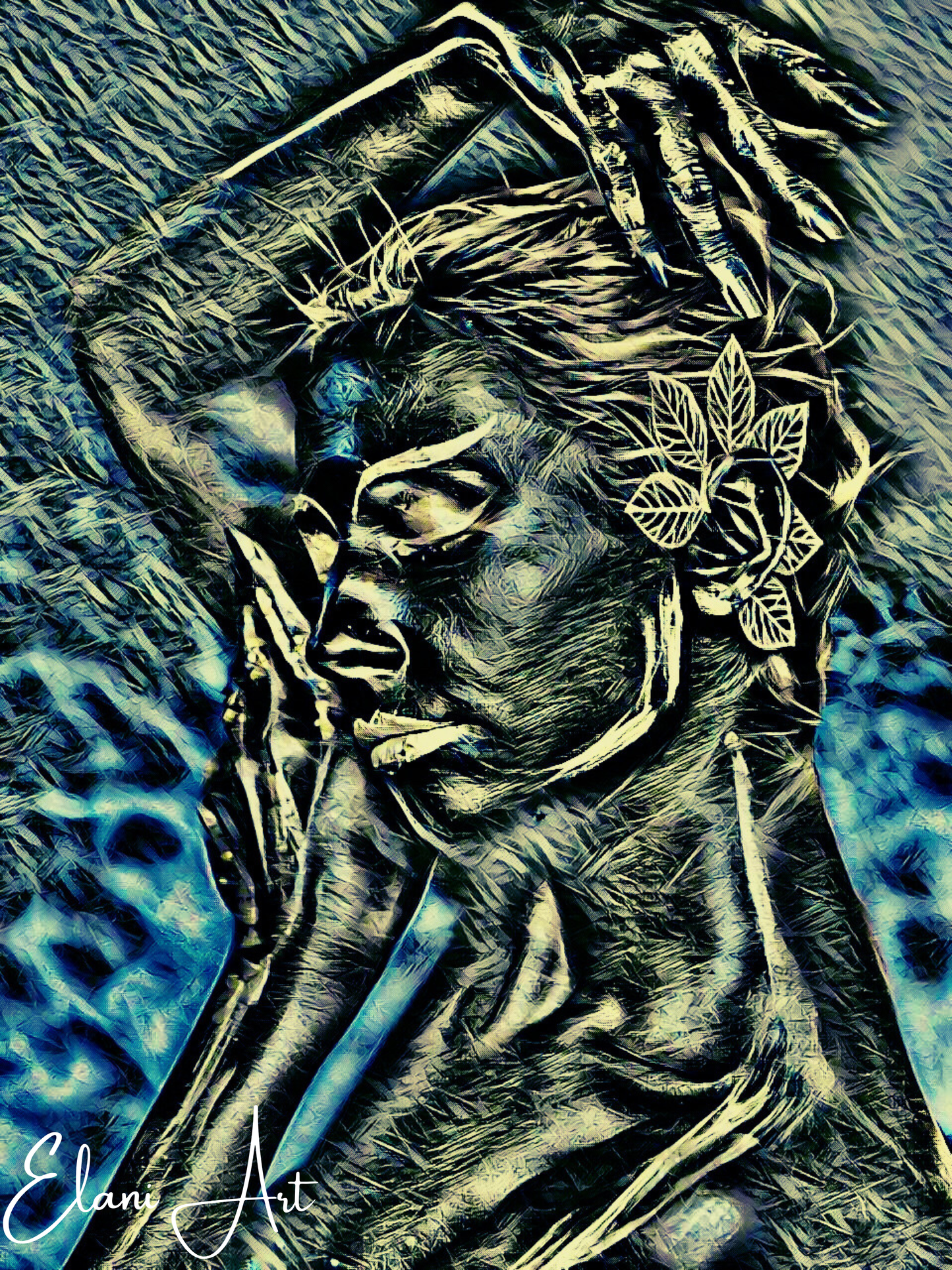 FLORAL DREAMS - An Original Vibrant Silver Yellow Blue Sleeping Woman Flower in Hair Face Portrait Impressionistic Artwork Print by ElaniArt