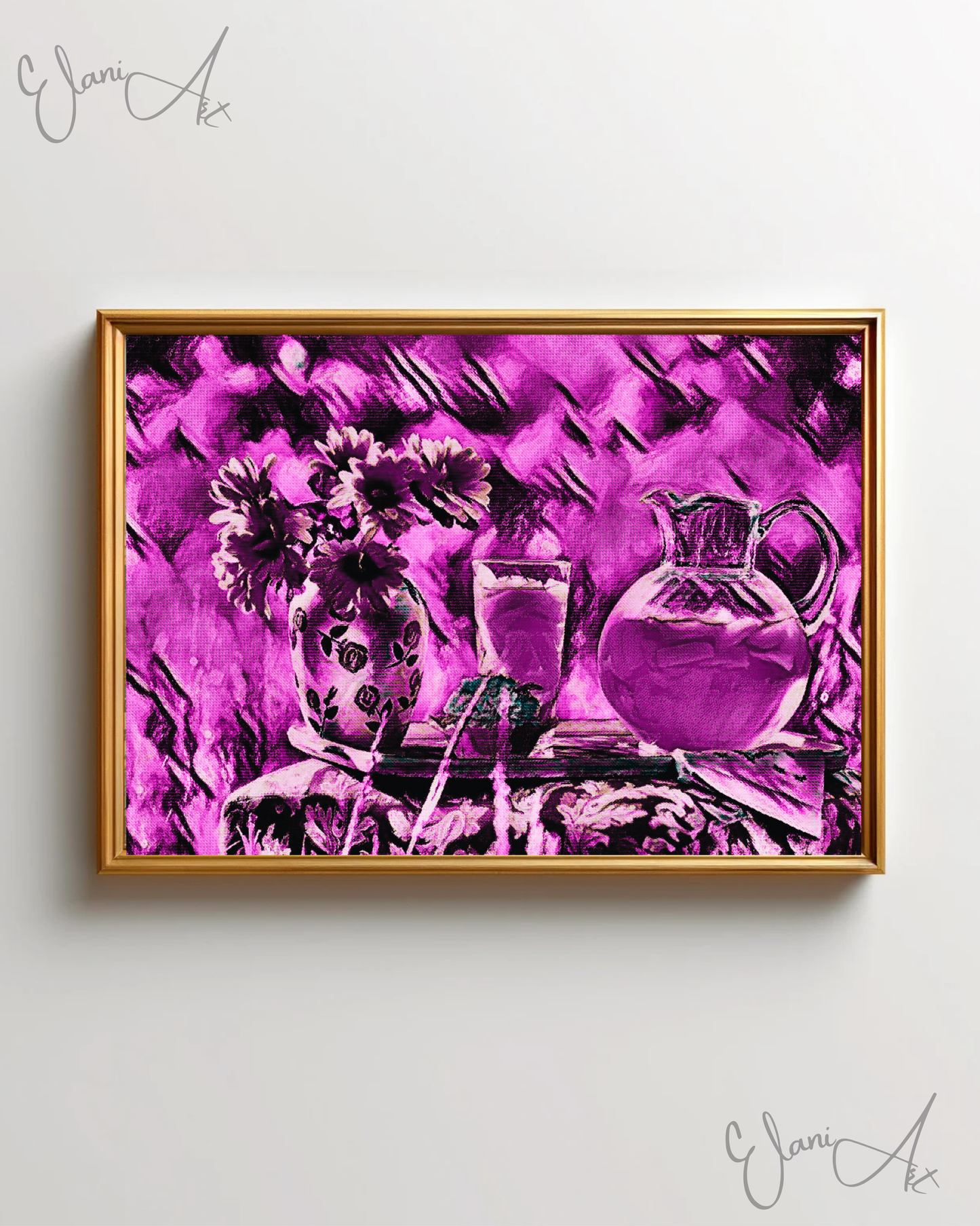FLOWERS AND PURPLE LEMONADE - An Original Vibrant Purple Flowers in Vase & Lemonade Floral Impressionistic Wall Artwork Print by ElaniArt