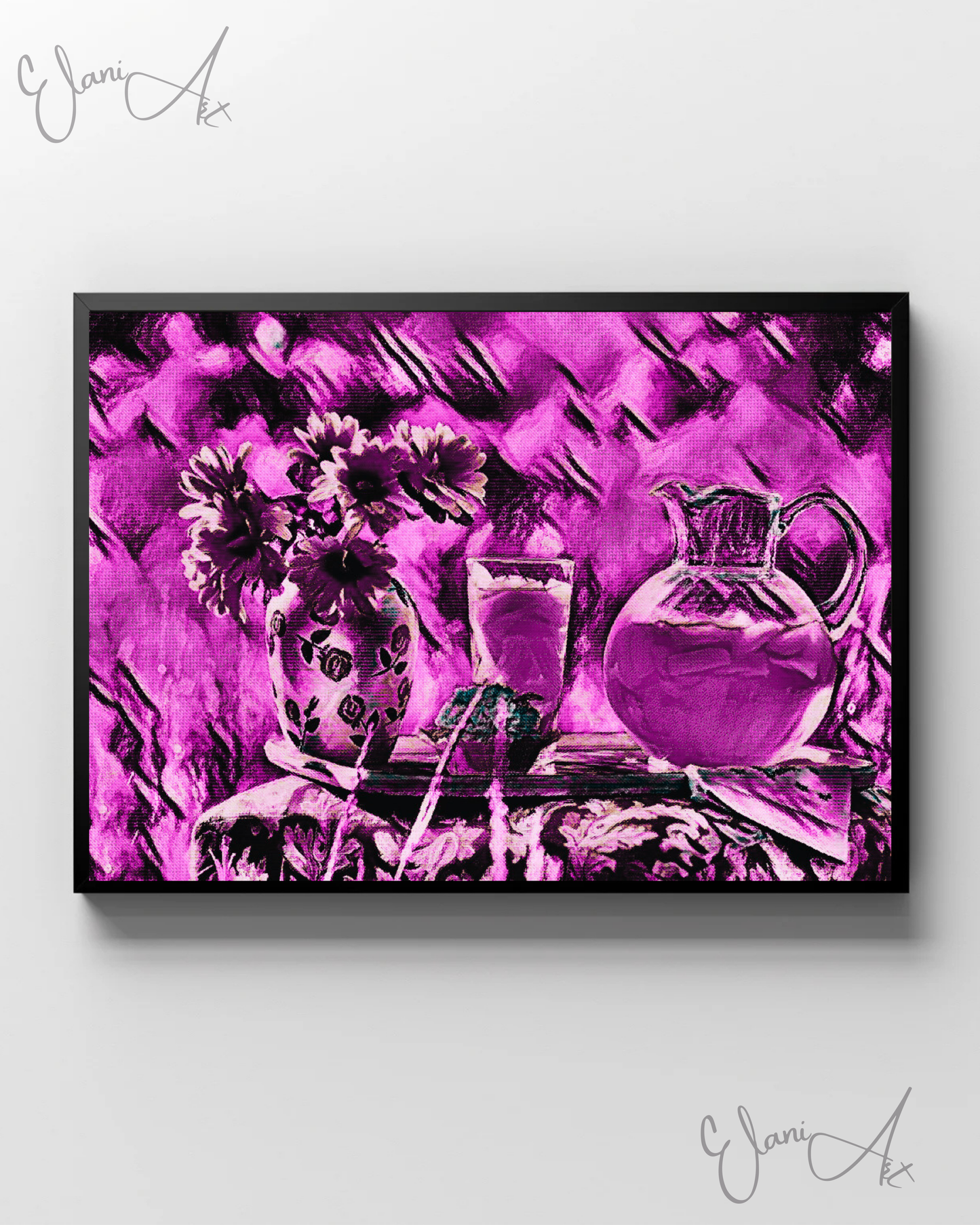 FLOWERS AND PURPLE LEMONADE - An Original Vibrant Purple Flowers in Vase & Lemonade Floral Impressionistic Wall Artwork Print by ElaniArt