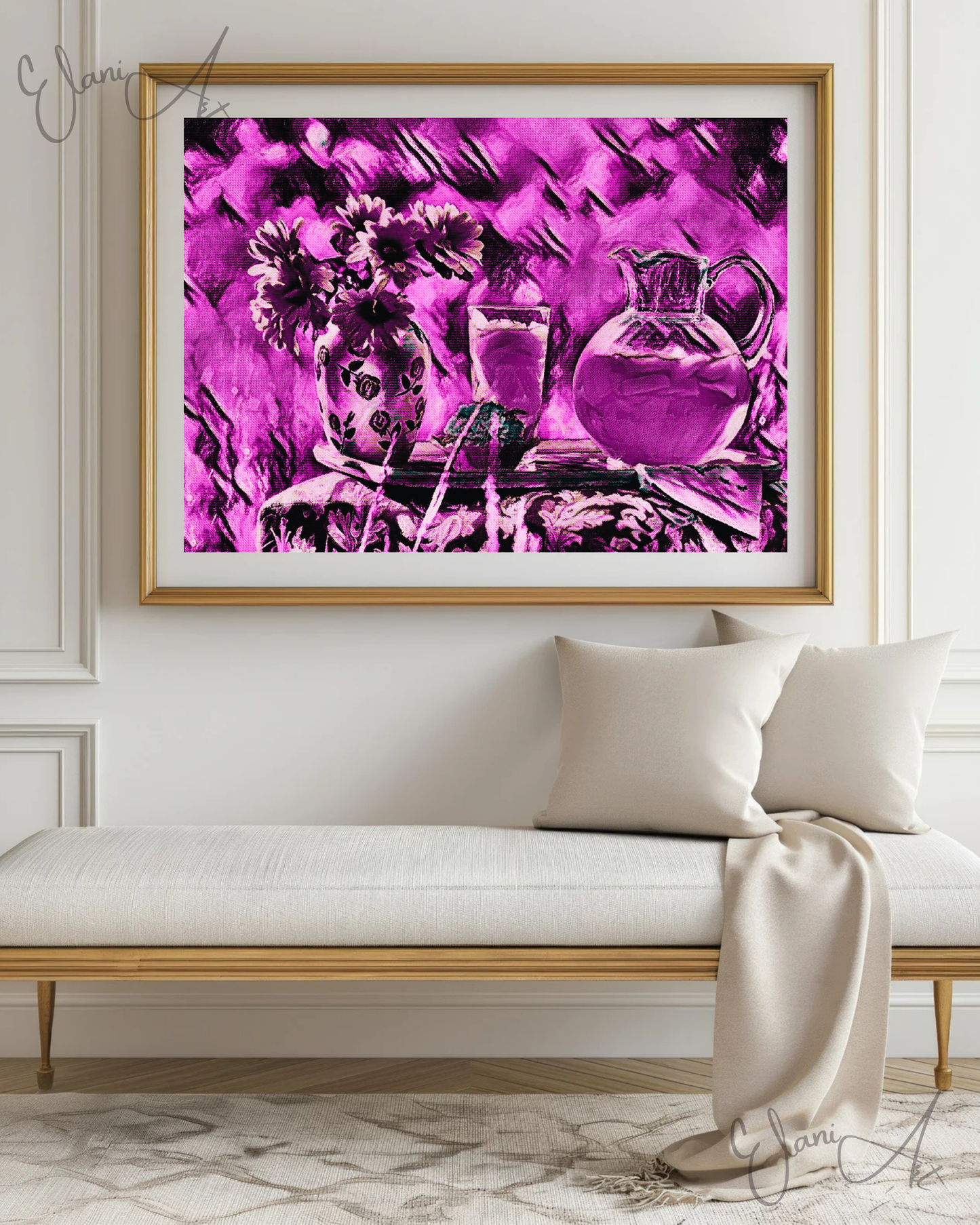 FLOWERS AND PURPLE LEMONADE - An Original Vibrant Purple Flowers in Vase & Lemonade Floral Impressionistic Wall Artwork Print by ElaniArt