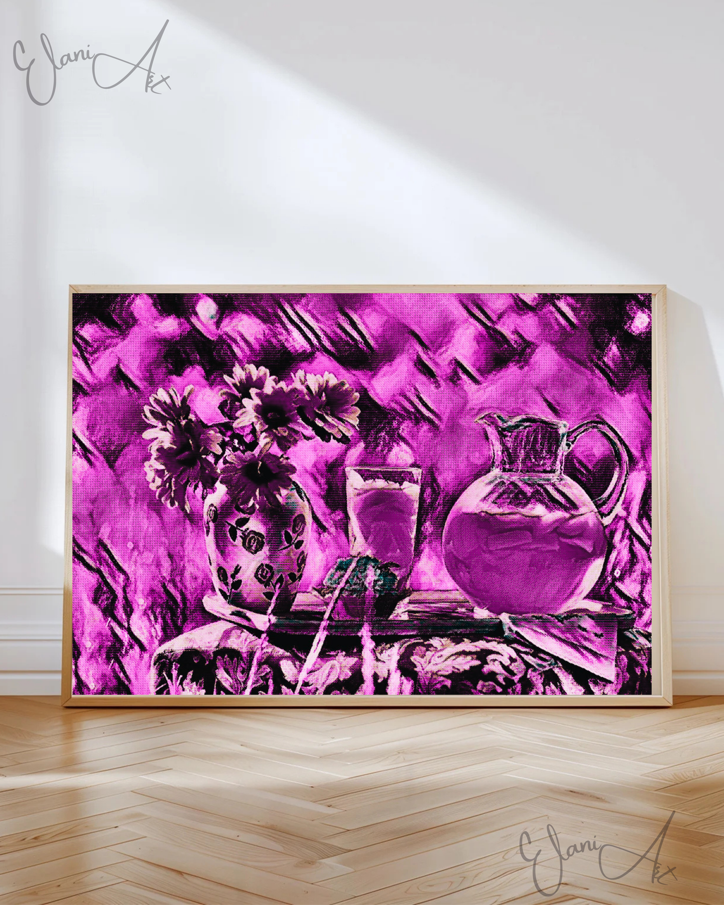 FLOWERS AND PURPLE LEMONADE - An Original Vibrant Purple Flowers in Vase & Lemonade Floral Impressionistic Wall Artwork Print by ElaniArt