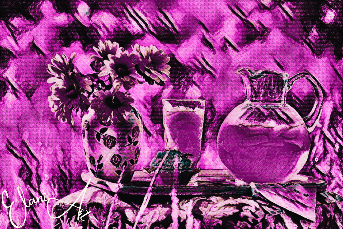 FLOWERS AND PURPLE LEMONADE - An Original Vibrant Purple Flowers in Vase & Lemonade Floral Impressionistic Wall Artwork Print by ElaniArt