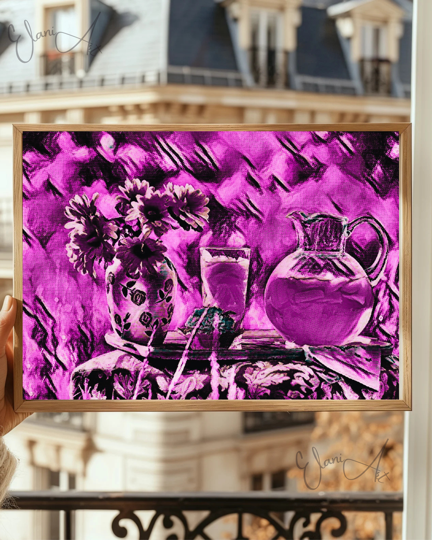 FLOWERS AND PURPLE LEMONADE - An Original Vibrant Purple Flowers in Vase & Lemonade Floral Impressionistic Wall Artwork Print by ElaniArt