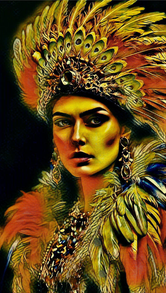 GHIGUA - An Original Vivid Cherokee Native American Woman with Feathered Headdress Cultural Impressionistic Wall Artwork Print by ElaniArt