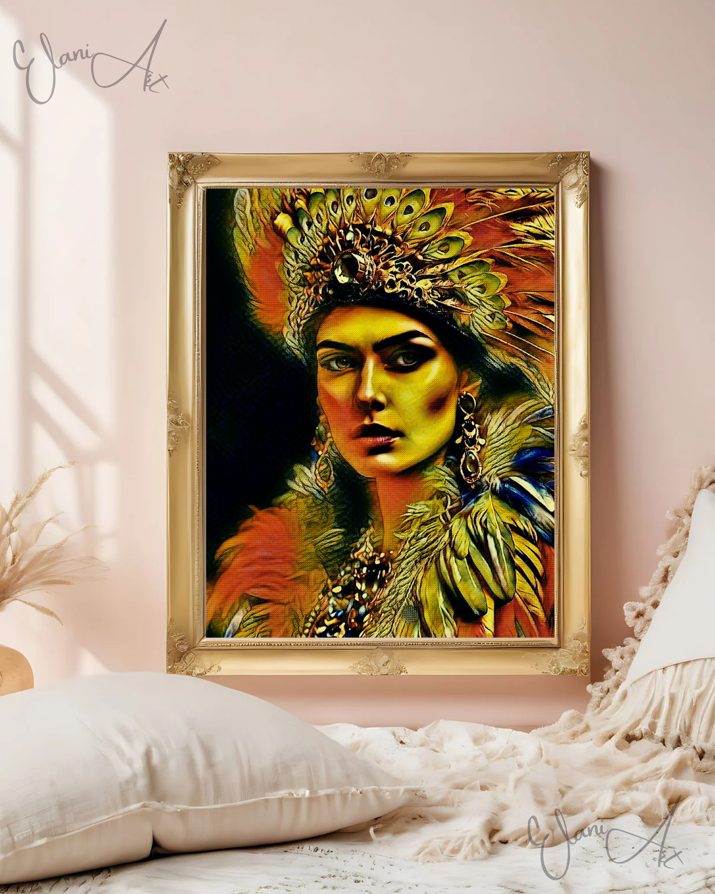 GHIGUA - An Original Vivid Cherokee Native American Woman with Feathered Headdress Cultural Impressionistic Wall Artwork Print by ElaniArt