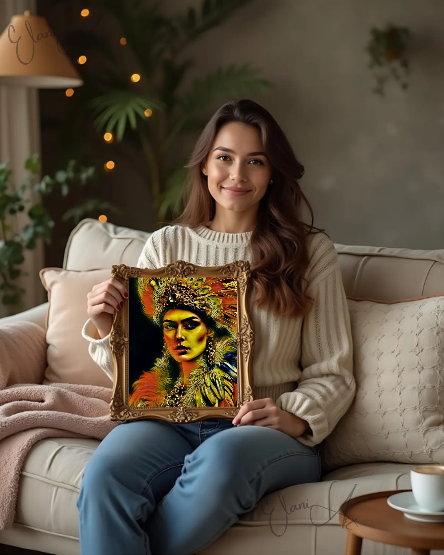 GHIGUA - An Original Vivid Cherokee Native American Woman with Feathered Headdress Cultural Impressionistic Wall Artwork Print by ElaniArt