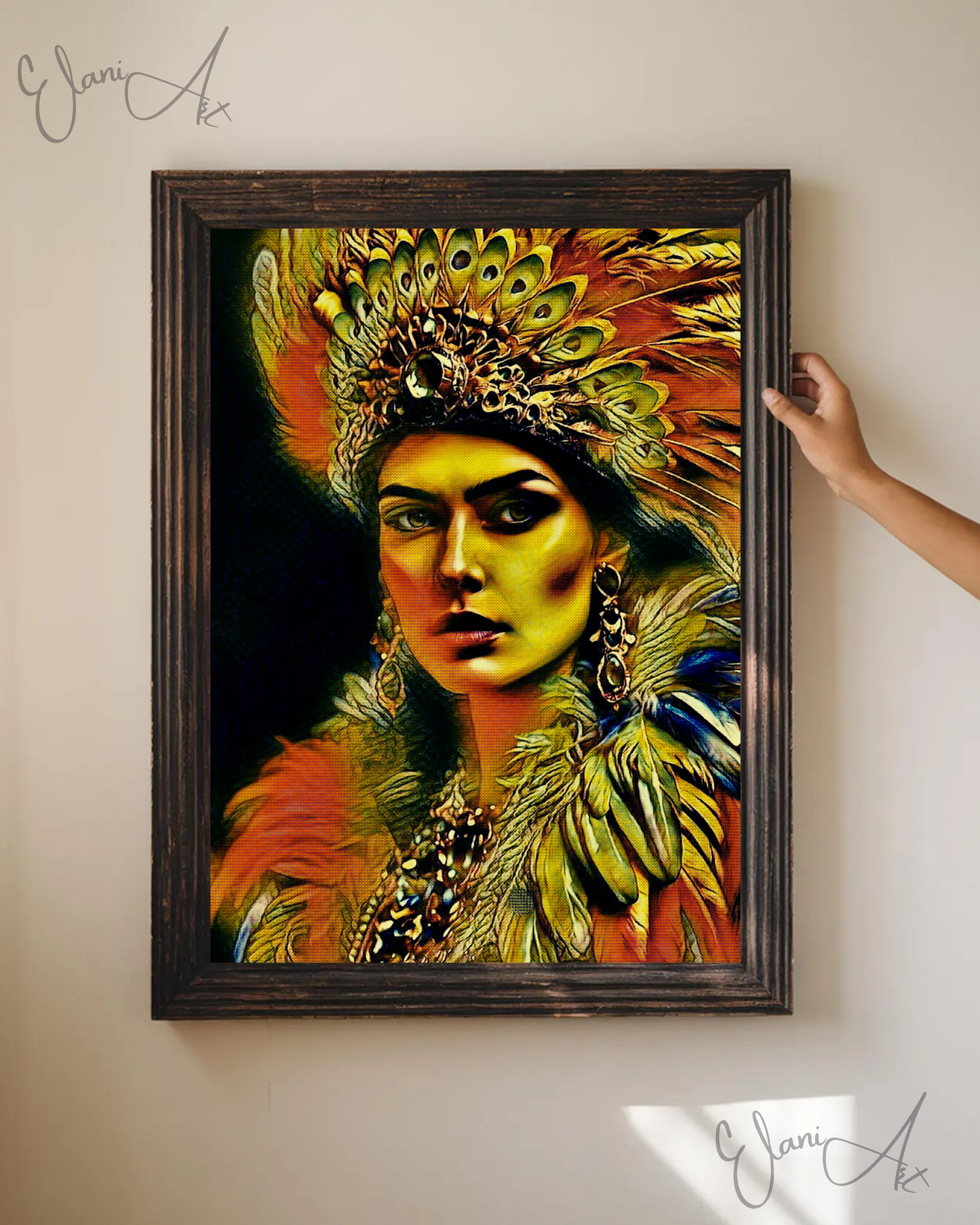 GHIGUA - An Original Vivid Cherokee Native American Woman with Feathered Headdress Cultural Impressionistic Wall Artwork Print by ElaniArt