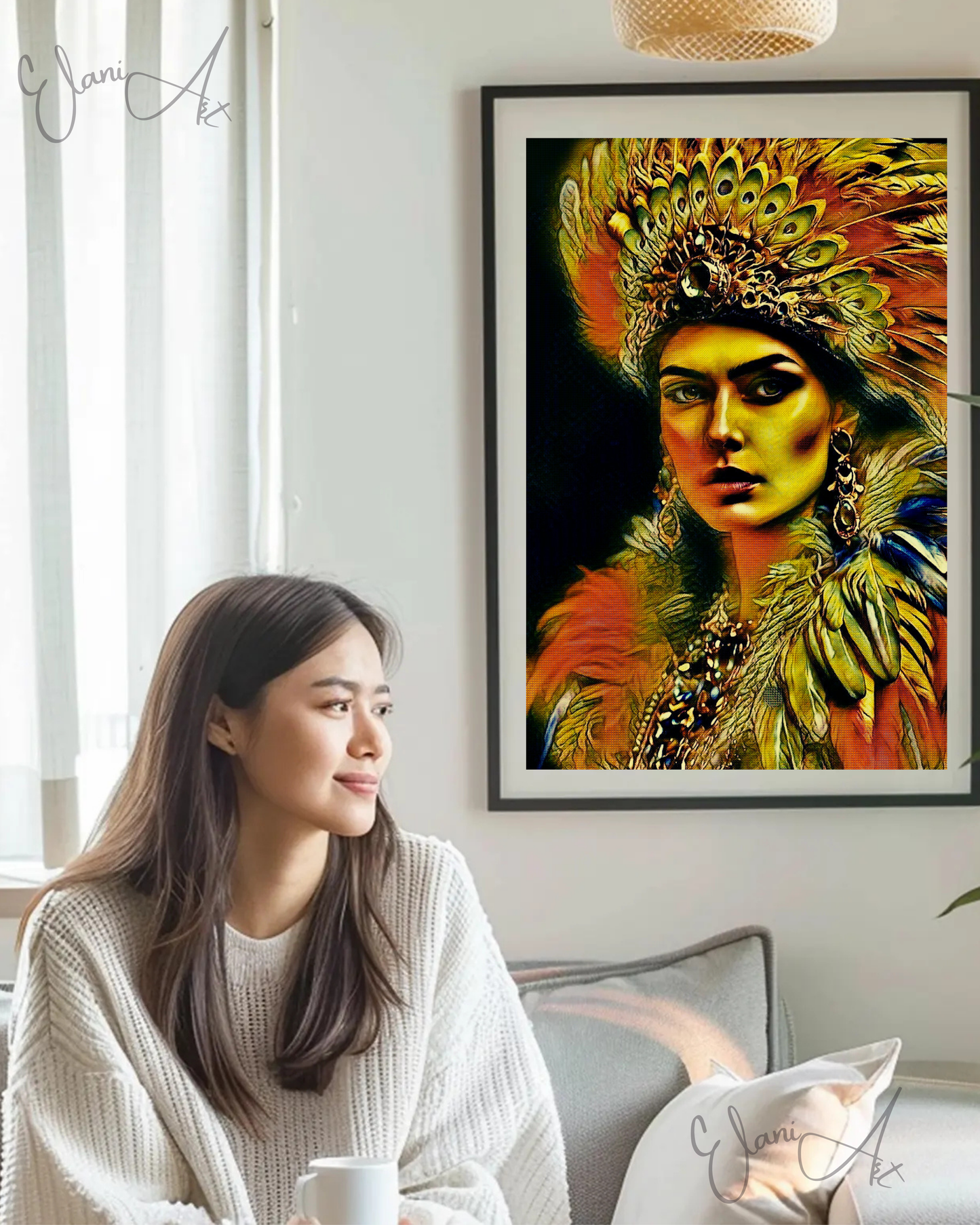 GHIGUA - An Original Vivid Cherokee Native American Woman with Feathered Headdress Cultural Impressionistic Wall Artwork Print by ElaniArt