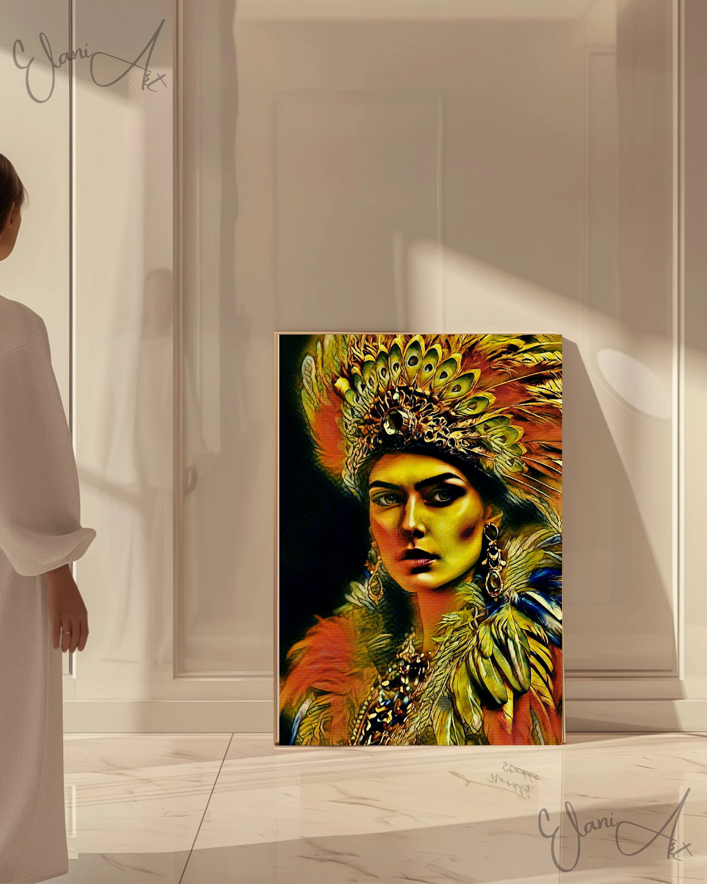GHIGUA - An Original Vivid Cherokee Native American Woman with Feathered Headdress Cultural Impressionistic Wall Artwork Print by ElaniArt