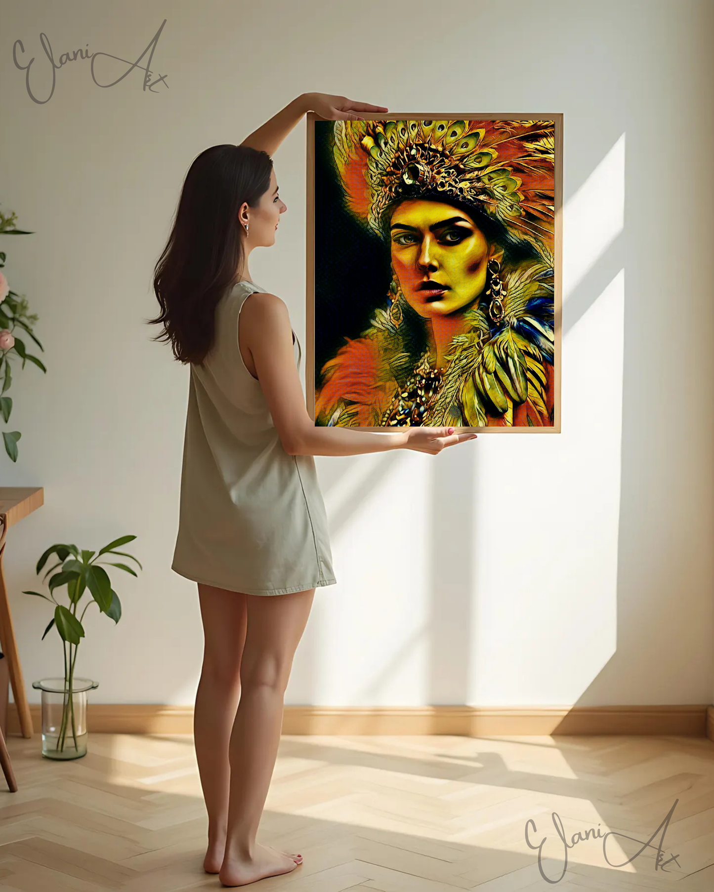 GHIGUA - An Original Vivid Cherokee Native American Woman with Feathered Headdress Cultural Impressionistic Wall Artwork Print by ElaniArt