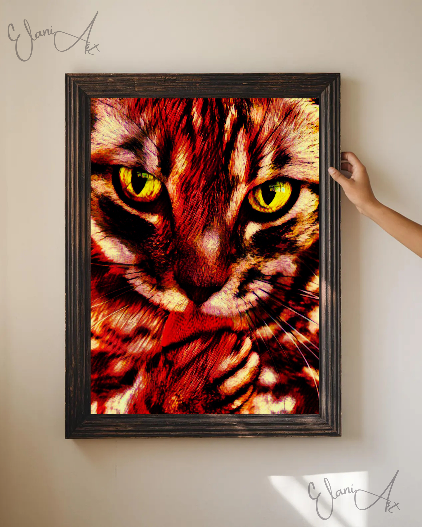 GOT MY TONGUE - An Original Vibrant Red Colorful Cat Licking Paw Feline Close-Up Animal Portrait Impressionistic Artwork Print by ElaniArt