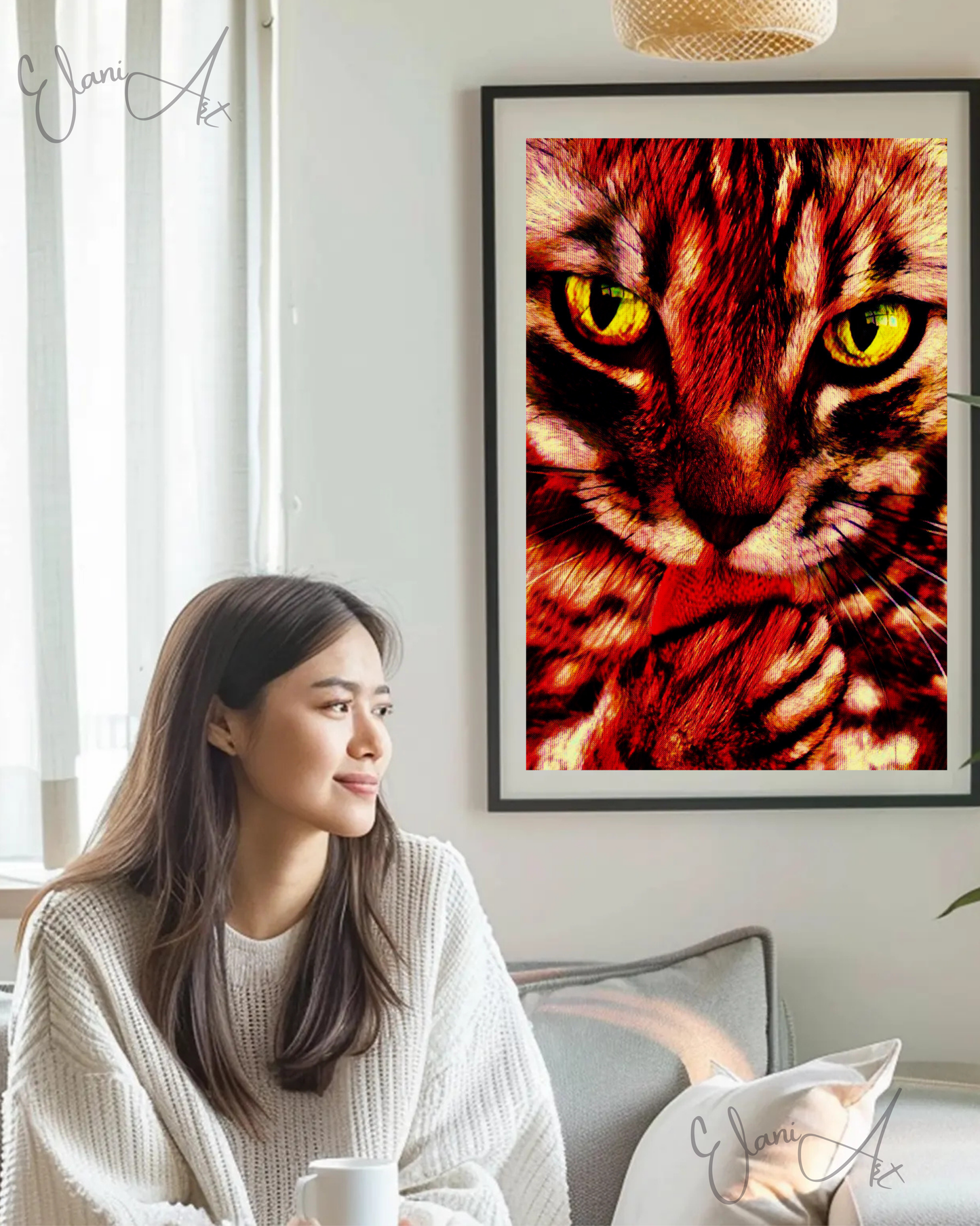 GOT MY TONGUE - An Original Vibrant Red Colorful Cat Licking Paw Feline Close-Up Animal Portrait Impressionistic Artwork Print by ElaniArt