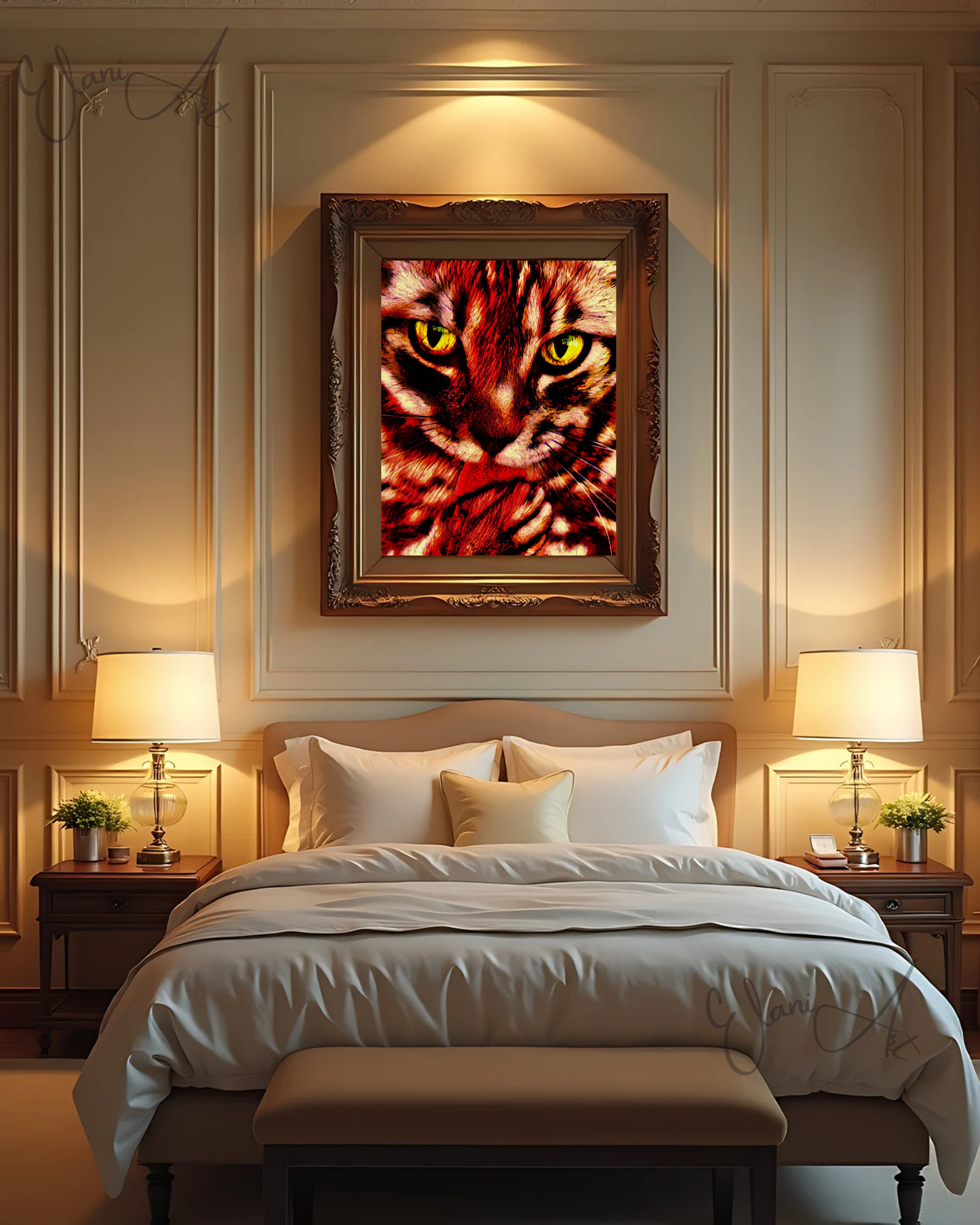 GOT MY TONGUE - An Original Vibrant Red Colorful Cat Licking Paw Feline Close-Up Animal Portrait Impressionistic Artwork Print by ElaniArt