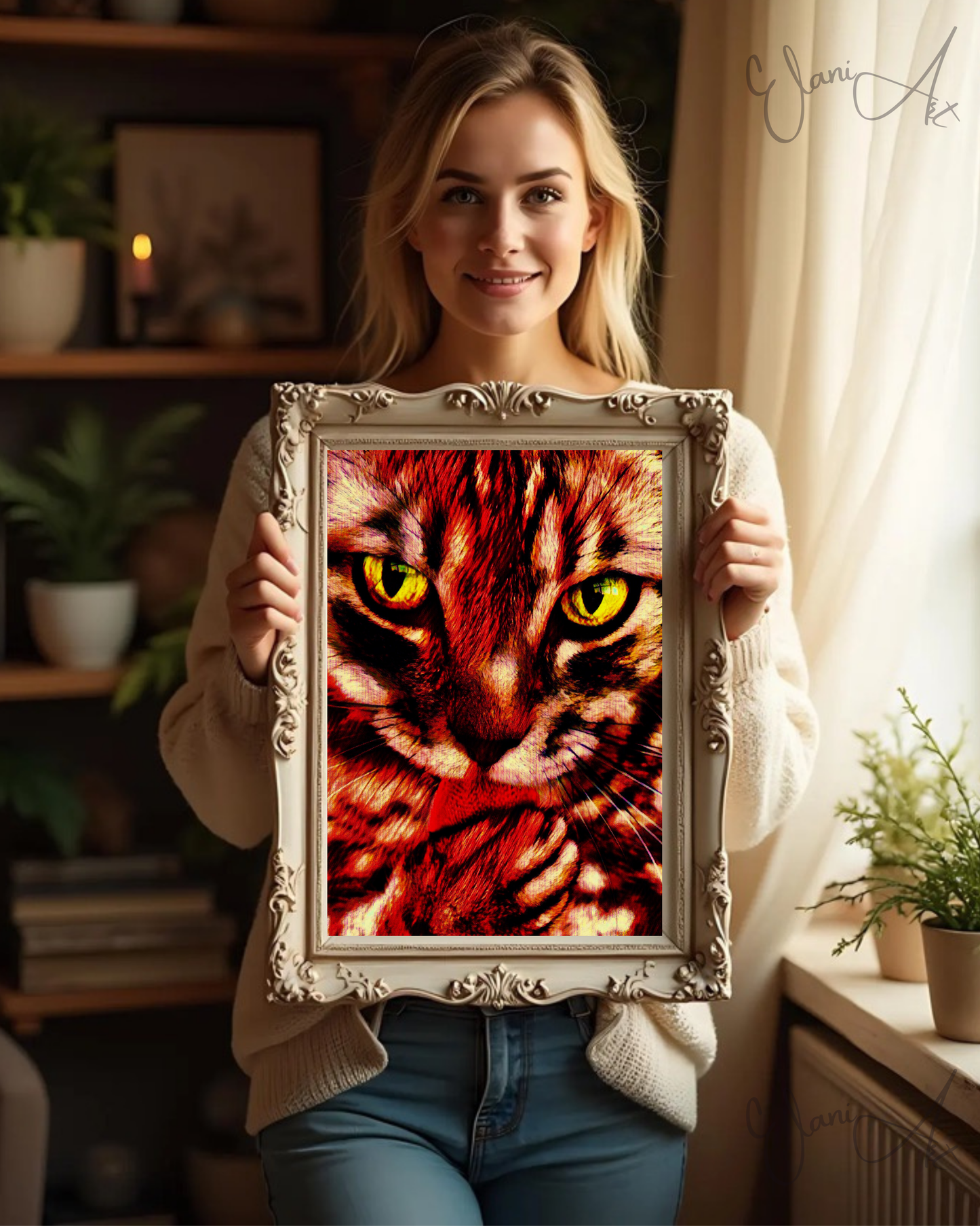 GOT MY TONGUE - An Original Vibrant Red Colorful Cat Licking Paw Feline Close-Up Animal Portrait Impressionistic Artwork Print by ElaniArt